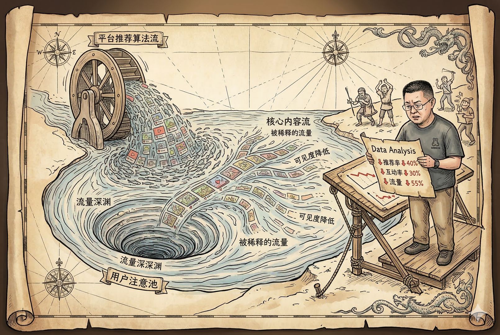 视频平台的“流量池”隐喻画面,大量小屏幕视频缩略图像鱼群涌入同一水池,中央一条原本清晰的内容流被稀释分散,创作者站在岸边看着数据面板下滑,羊皮纸,钢笔彩色手绘的统一风格。