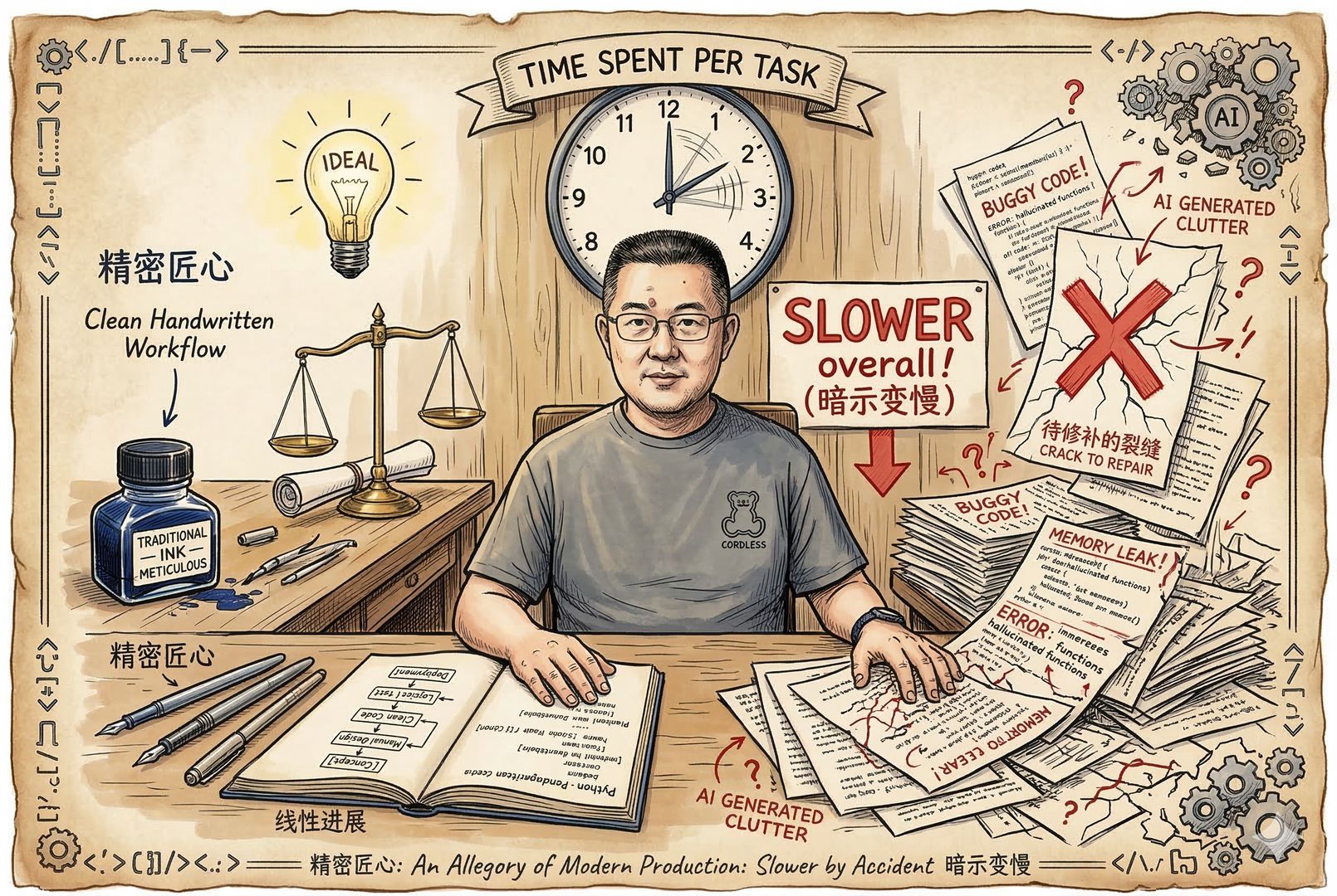 资深程序员/创作者坐在熟悉的工作台前,左边是“手写流程”干净利落的工具,右边是AI输出的杂乱草稿与待修补的裂缝标记,时钟指针明显走得更快,暗示“反而变慢”,羊皮纸,钢笔彩色手绘的统一风格。