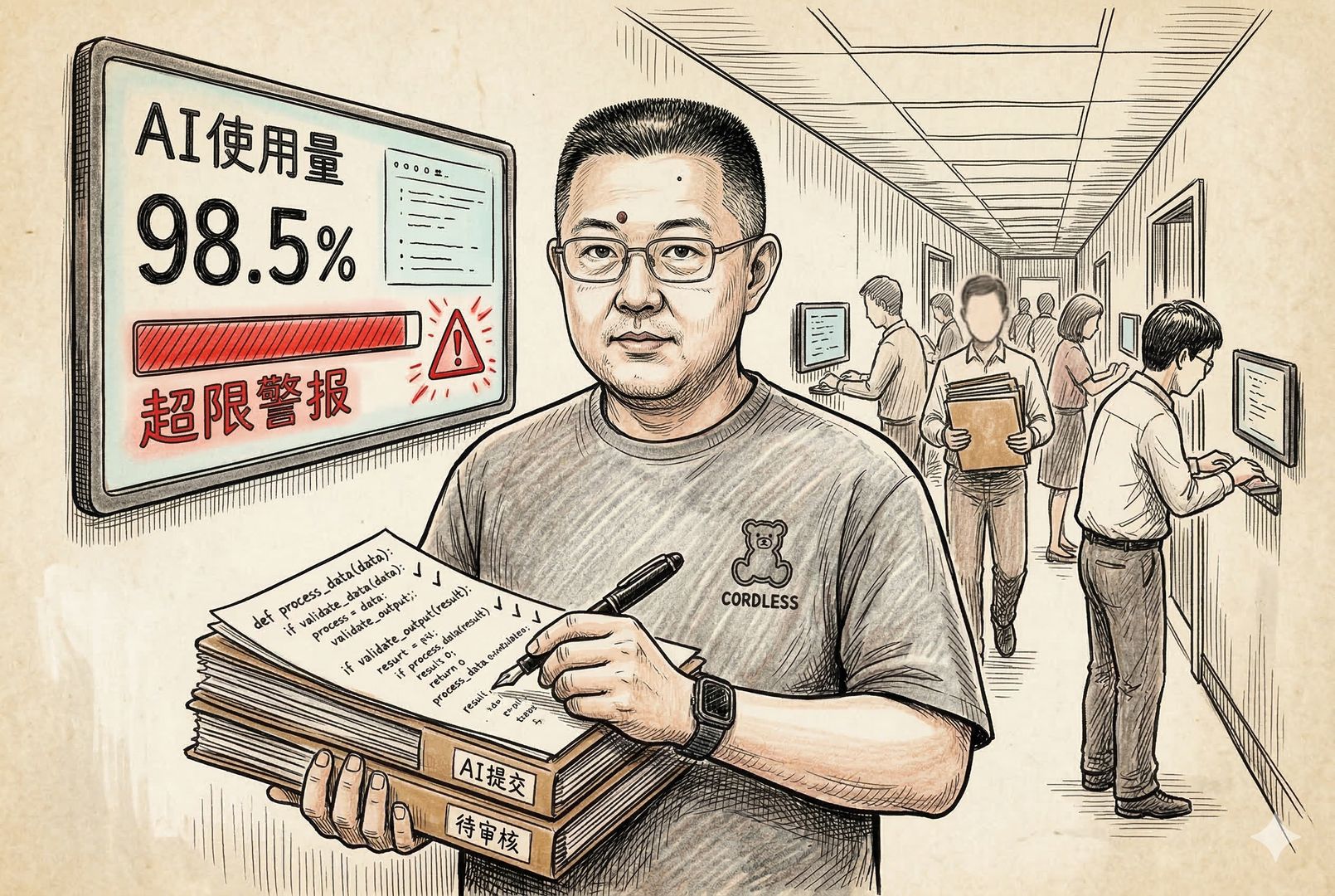 办公楼走廊里一位员工抱着一摞标着“AI提交”“待审核”的文件夹,另一手拿着笔在代码页上逐行打勾,墙上电子仪表盘显示“AI使用量”与红色警示条,气氛像流水线质检,羊皮纸,钢笔彩色手绘的统一风格。