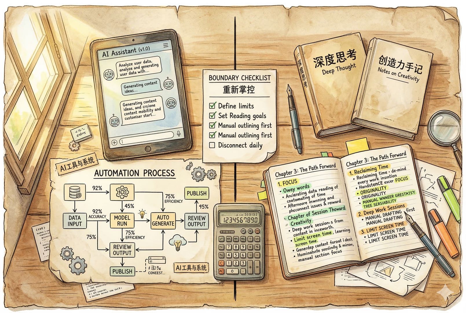 桌面上出现清晰的分界线:一侧是AI工具与自动化流程图,另一侧是纸质书、手写提纲与高亮标记,中心放着“边界清单”与计算器,窗外光线更明亮,象征重新掌控,羊皮纸,钢笔彩色手绘的统一风格。