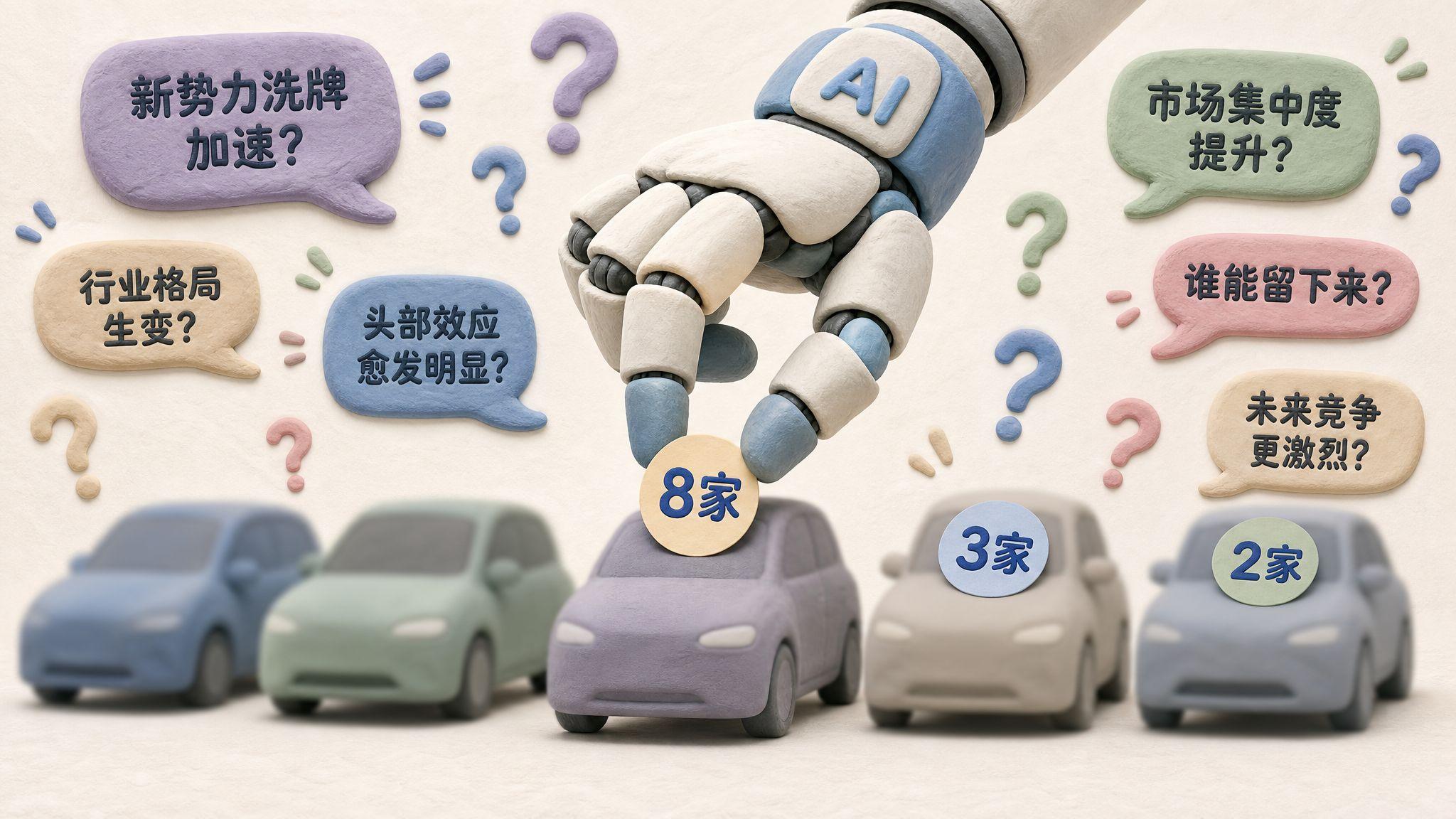 一个巨大的 AI 机械手把“8家”“3家”“2家”数字标签贴到一排模糊新能源车剪影上，旁边媒体标题气泡和问号四散飞出，浅色背景的商业评论版橡皮泥平面信息图的统一风格。