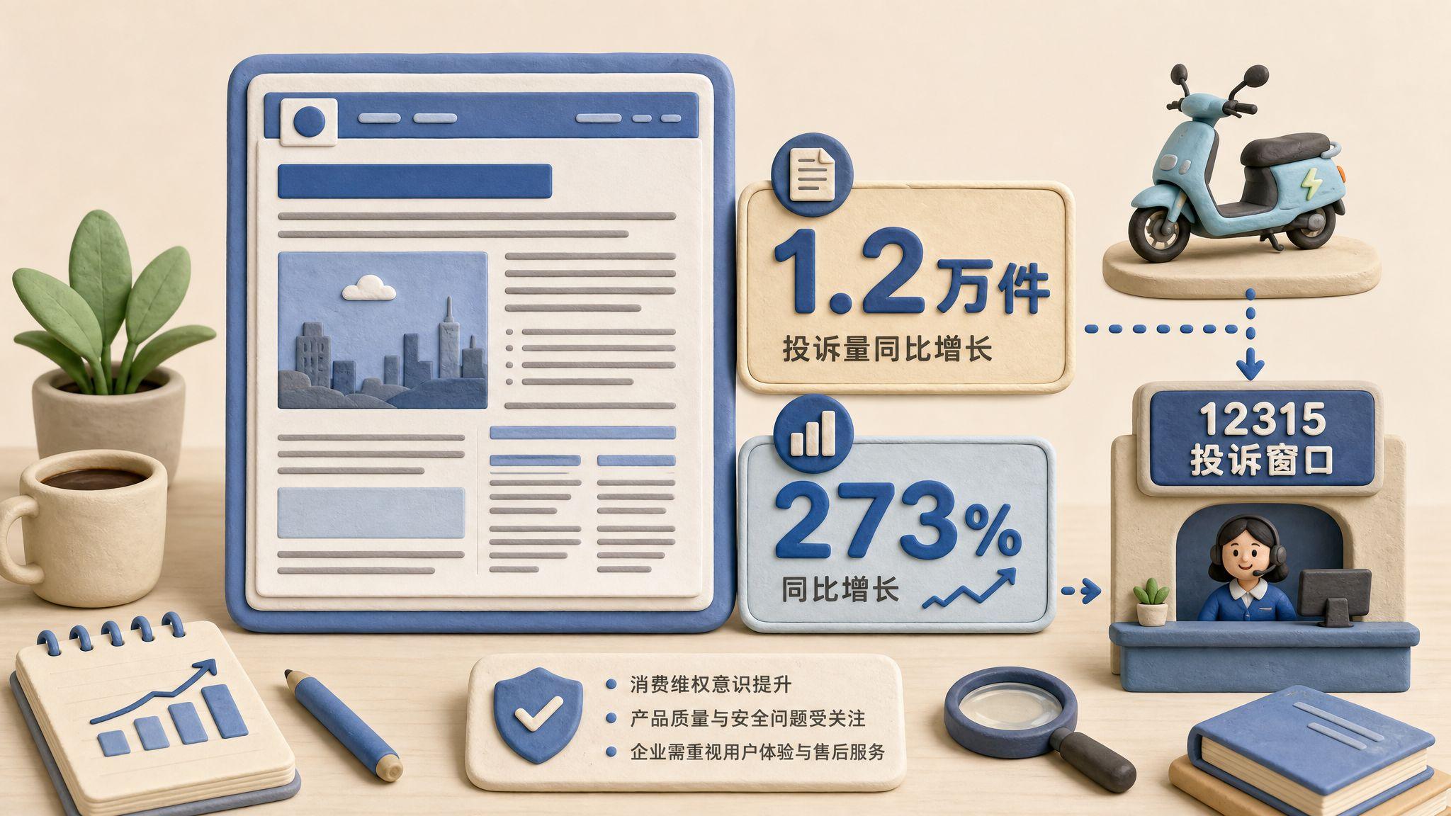 一张央媒报道页面放在桌面中央，旁边突出显示“1.2万件”和“273%”两个数字，远处有一辆电动车和12315投诉窗口图标相连，浅色背景的商业评论版橡皮泥平面信息图的统一风格。