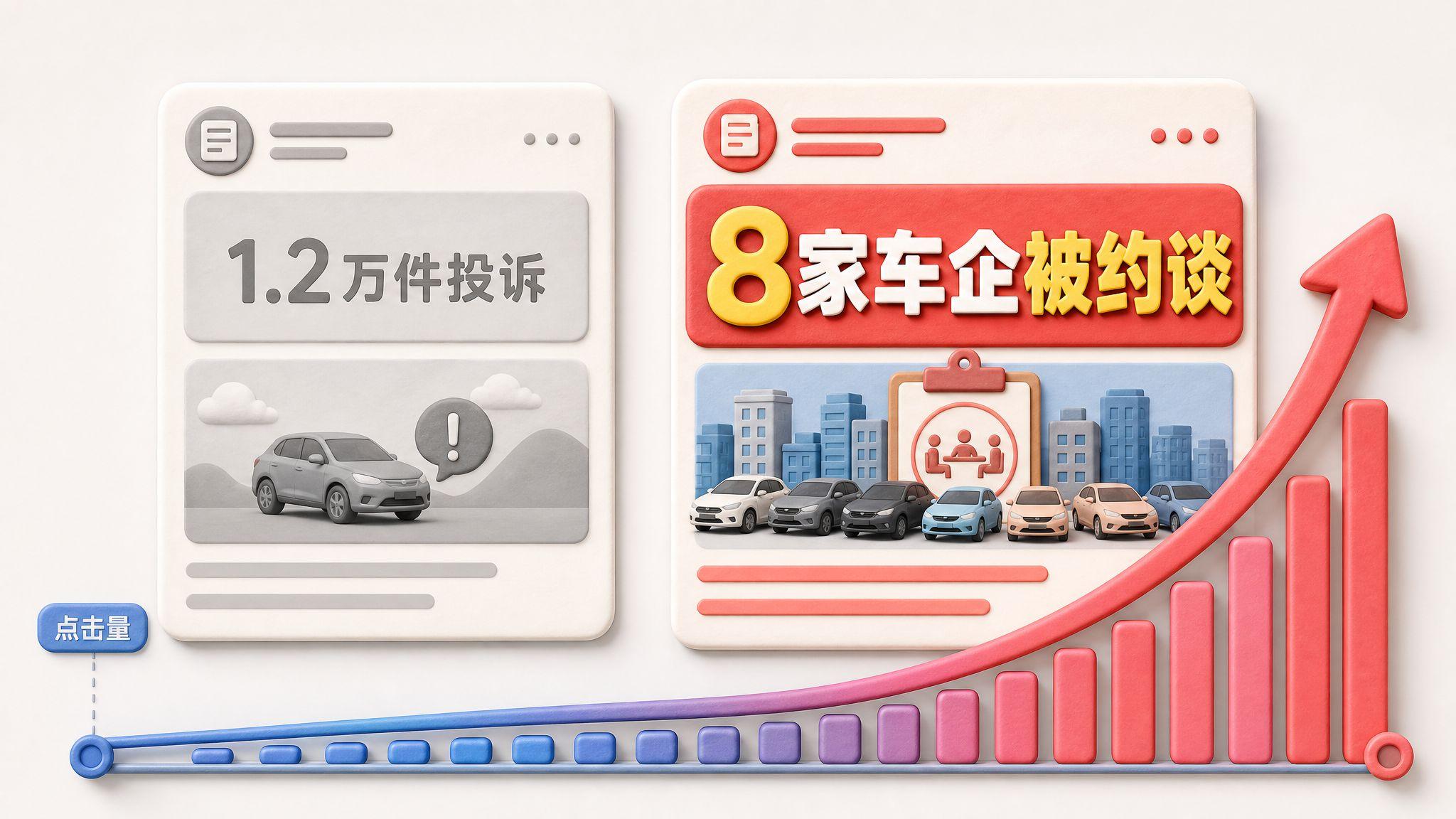 两张新闻标题卡片并排对比，左边是平淡的“1.2万件投诉”标题，右边是醒目的“8家车企被约谈”标题，点击量箭头从左低右高急速上升，浅色背景的商业评论版橡皮泥平面信息图的统一风格。
