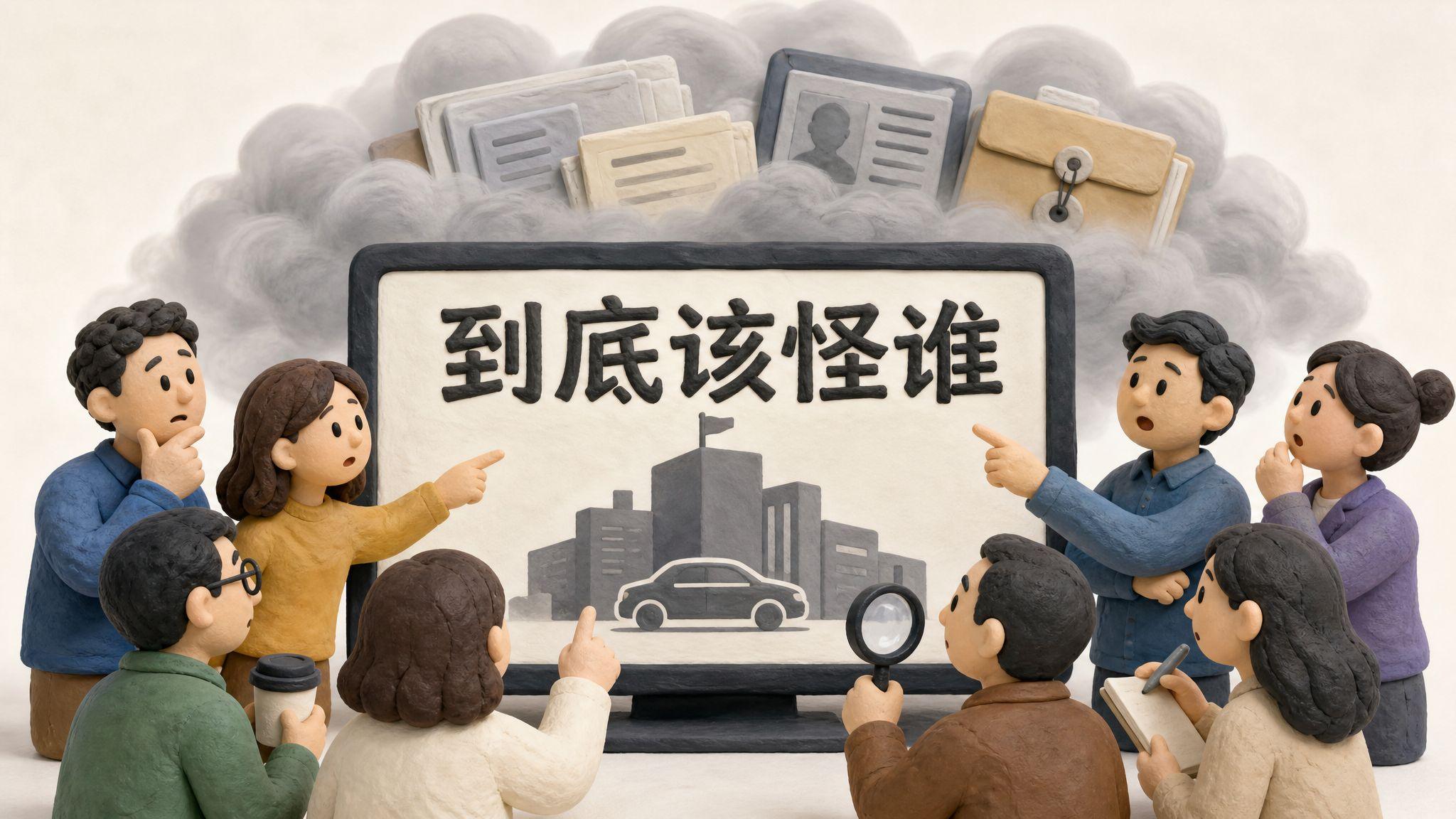 一群读者围着一块写着“到底该怪谁”的大屏幕指向中央模糊车企剪影，屏幕背后有真相文件被灰色雾气遮住，浅色背景的商业评论版橡皮泥平面信息图的统一风格。
