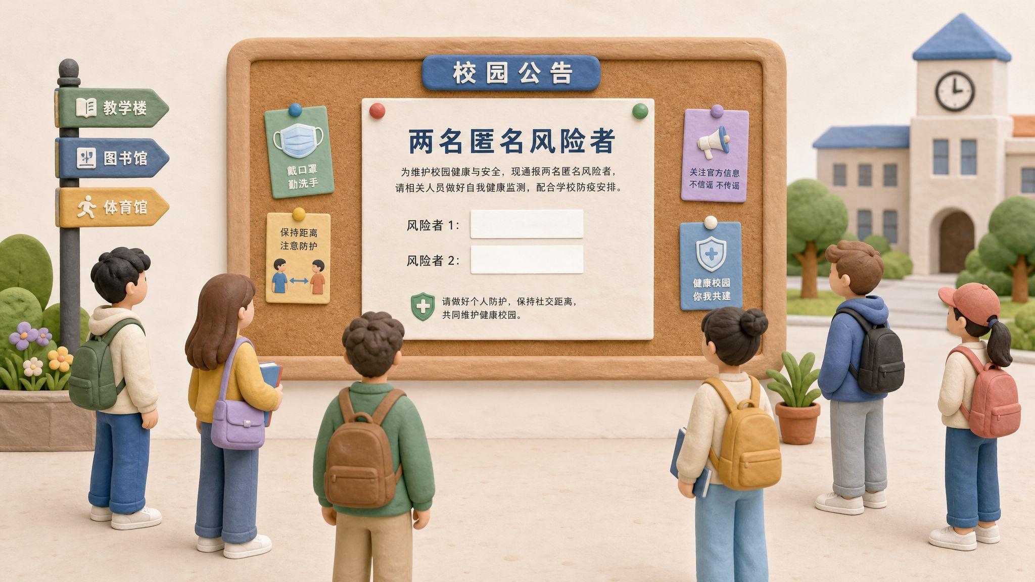 校园公告栏上贴着“两名匿名风险者”的通知，学生们围成半圆彼此保持距离，通知上的人名位置被空白框遮住，浅色背景的商业评论版橡皮泥平面信息图的统一风格。
