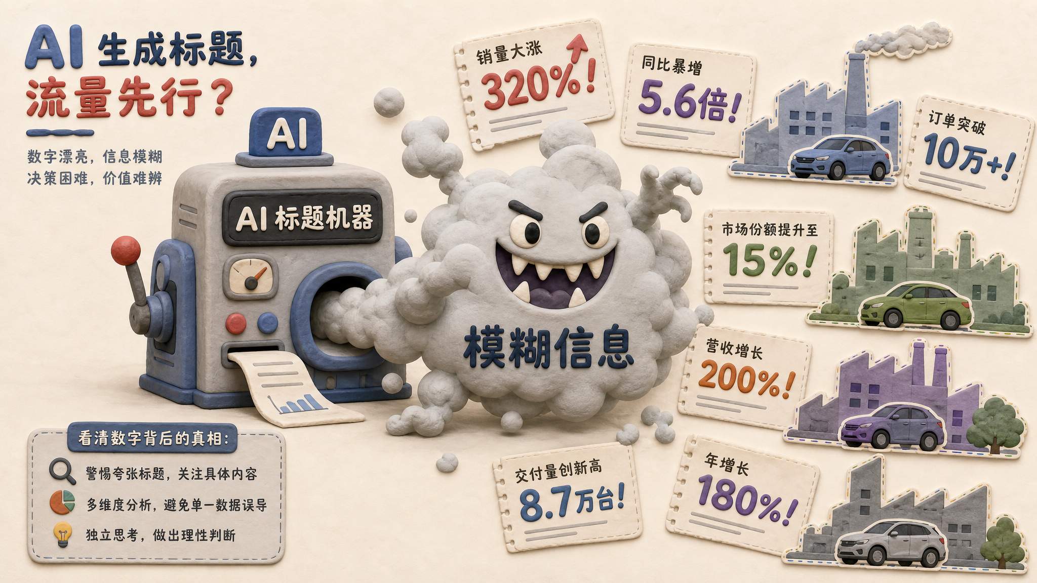 一团写着“模糊信息”的云雾从 AI 标题机器里钻出并长出獠牙，旁边散落数字标题卡片和被拼接的车企剪影，浅色背景的商业评论版橡皮泥平面信息图的统一风格。