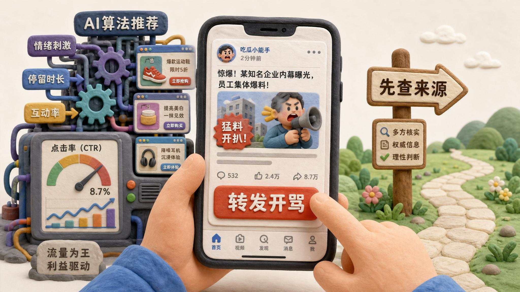 一个读者拿着手机停在“转发开骂”按钮前，屏幕背后露出 AI 算法齿轮、广告条和点击率仪表盘，旁边有“先查来源”的小路标，浅色背景的商业评论版橡皮泥平面信息图的统一风格。