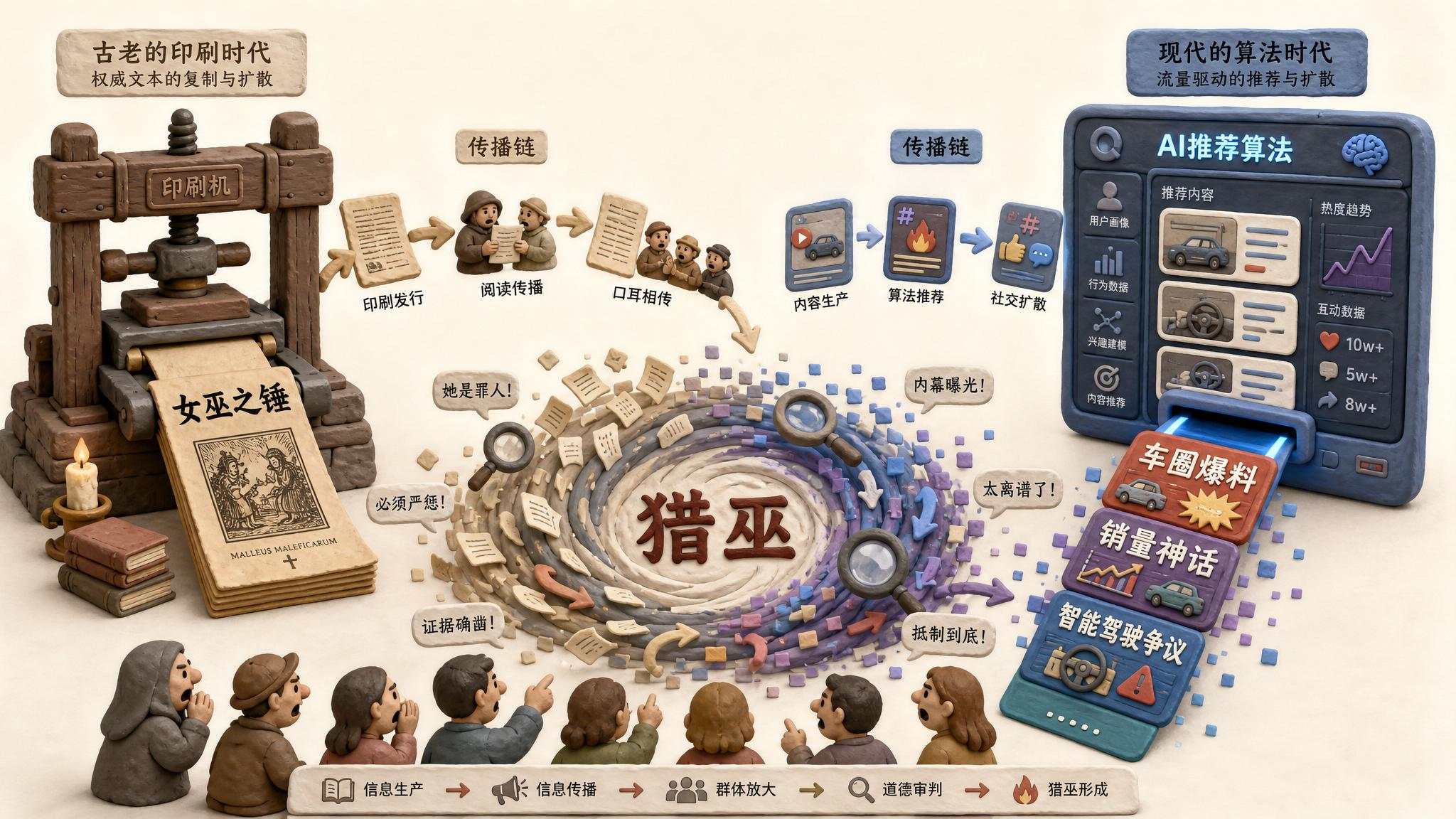画面左侧是中世纪印刷机吐出《女巫之锤》，右侧是 AI 推荐算法屏幕吐出车圈数字标题，两条传播链在中间汇成“猎巫”旋涡，浅色背景的商业评论版橡皮泥平面信息图的统一风格。