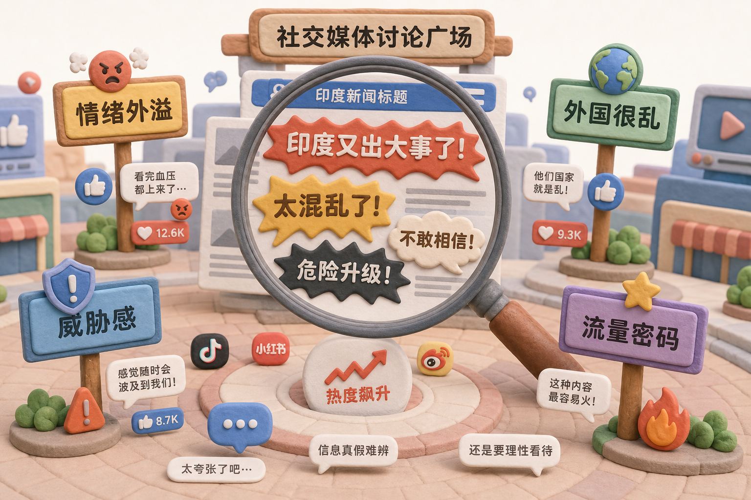 中文社交媒体讨论广场上,四个标签牌分别写着情绪外溢、威胁感、外国很乱、流量密码,中央是一面放大镜把印度新闻标题放大成夸张话题,浅色背景的商业评论版橡皮泥平面信息图的统一风格。