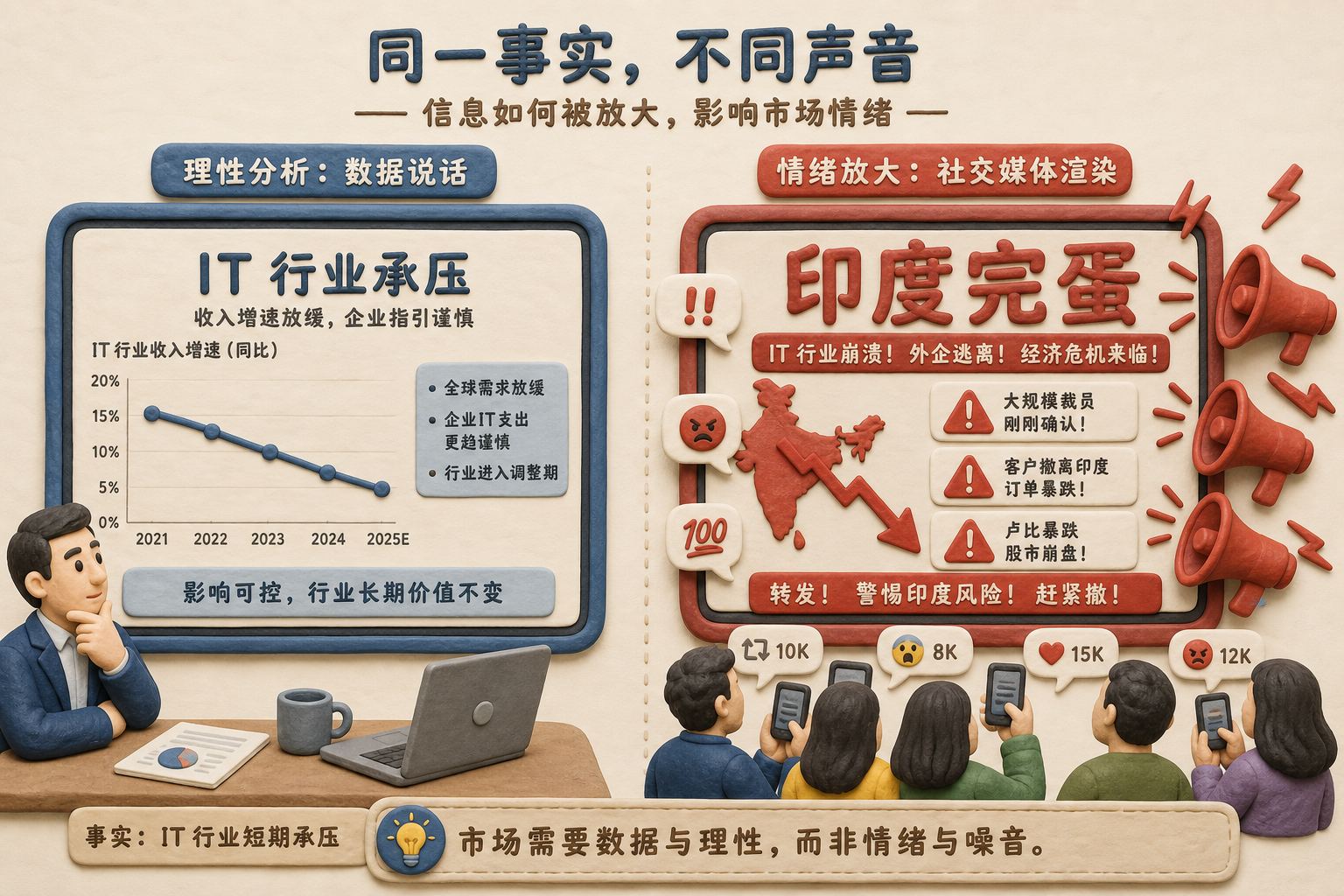 两个并排的信息屏幕左侧写着“IT 行业承压”并配有温和下行曲线,右侧被社交媒体喇叭放大成“印度完蛋”红色警报,浅色背景的商业评论版橡皮泥平面信息图的统一风格。