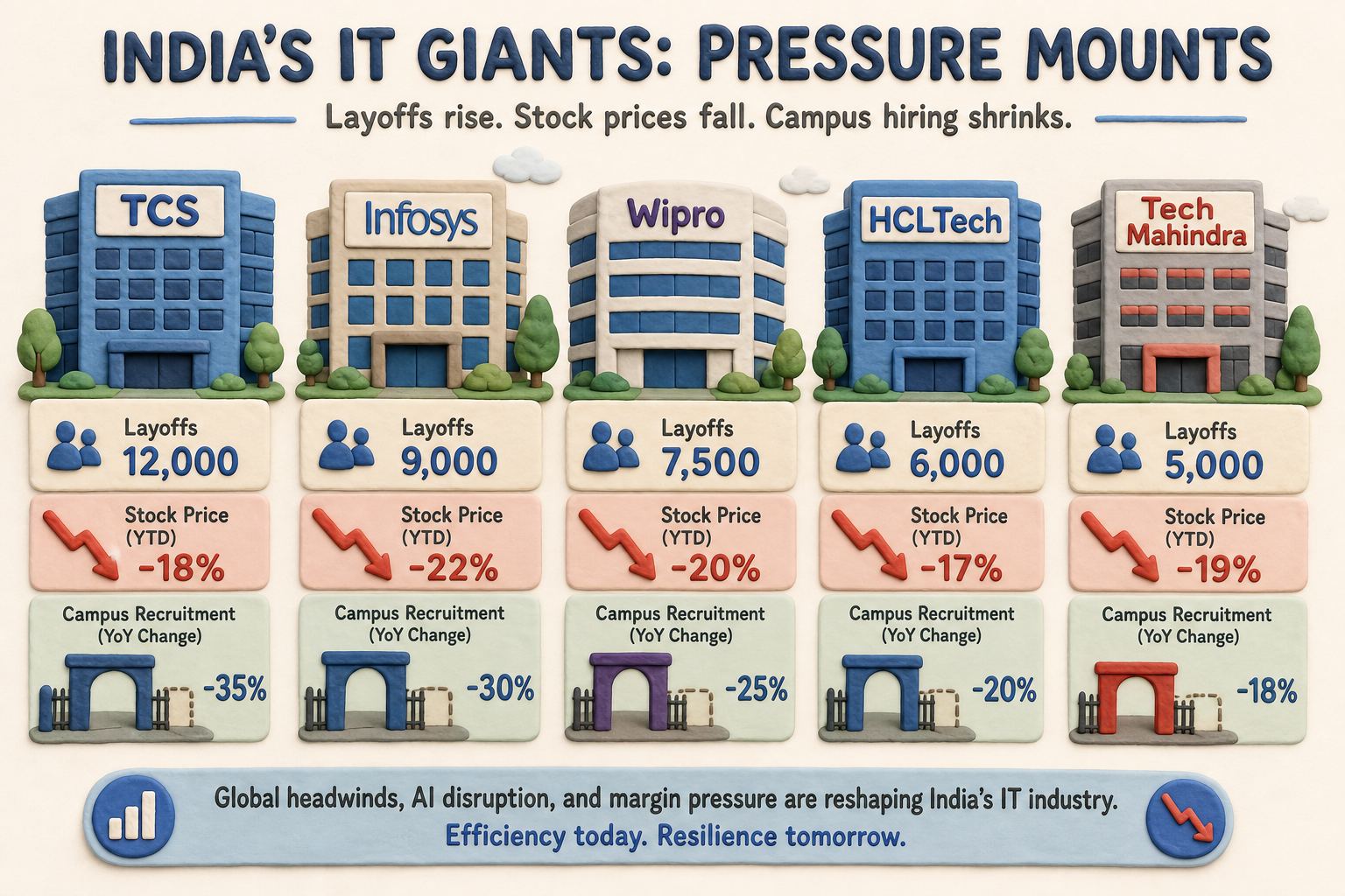 五栋写着 TCS、Infosys、Wipro、HCLTech、Tech Mahindra 的办公楼排成一列,楼前有裁员人数卡片、股价下跌箭头和缩小的校招入口,浅色背景的商业评论版橡皮泥平面信息图的统一风格。