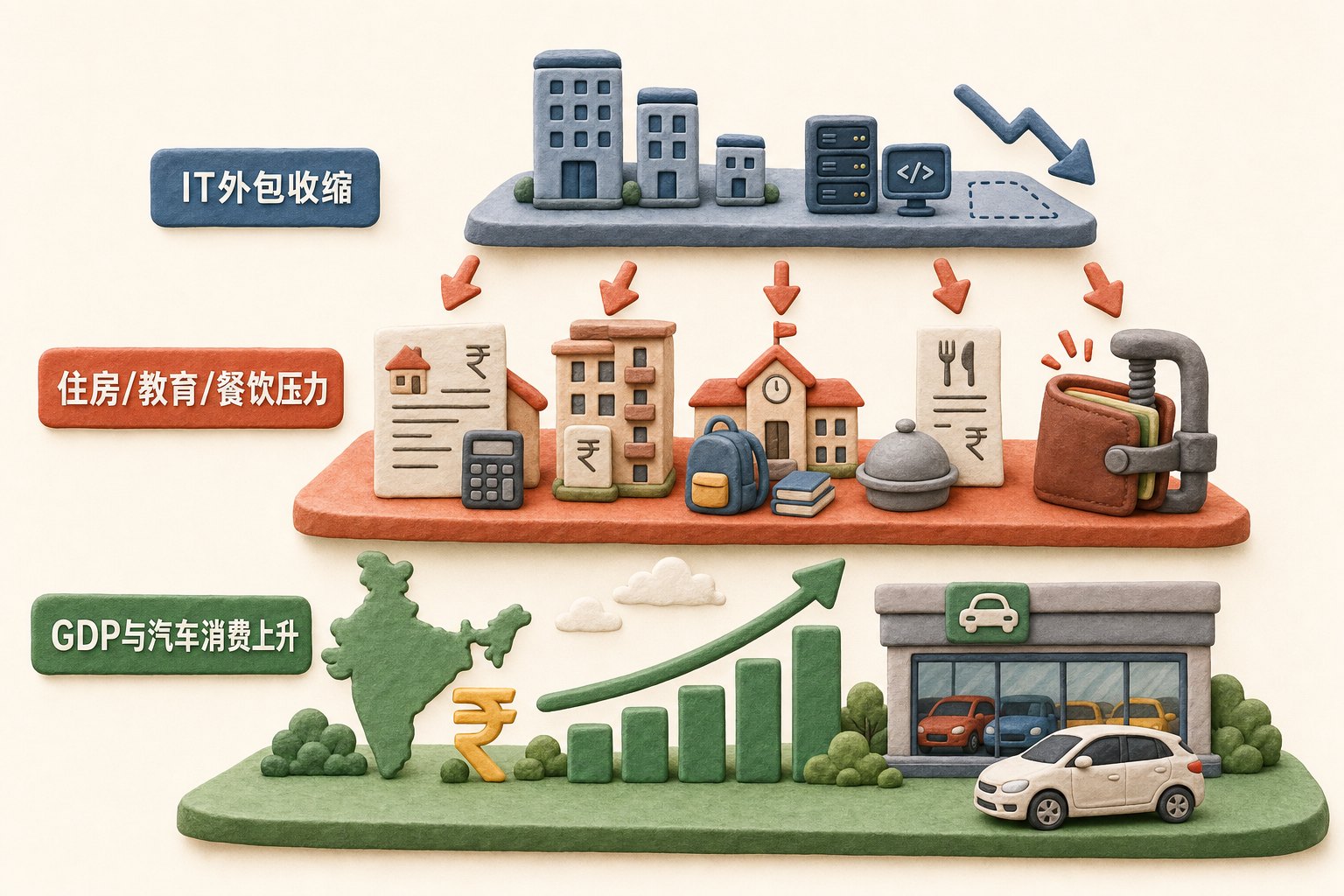 三层经济剖面图中底层是仍在上升的印度 GDP 和汽车消费,中层是房贷租房私校餐饮的压力带,顶层是收缩的 IT 外包小楼,浅色背景的商业评论版橡皮泥平面信息图的统一风格。