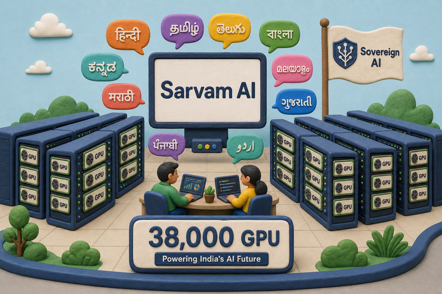 小型数据中心里整齐摆放 38,000 块 GPU 标牌,中央屏幕显示 Sarvam AI 标识,周围漂浮多种印度语言气泡和一面主权 AI 小旗,浅色背景的商业评论版橡皮泥平面信息图的统一风格。
