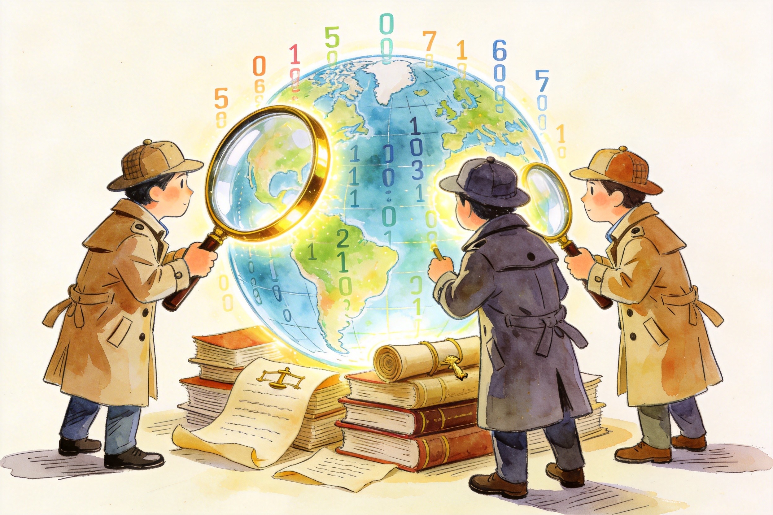 三个穿着侦探风衣的小人，正用巨大的放大镜观察着发光的地球仪，地球仪表面漂浮着数字代码和堆叠的法律卷宗，羊皮纸，钢笔彩色手绘的统一风格。