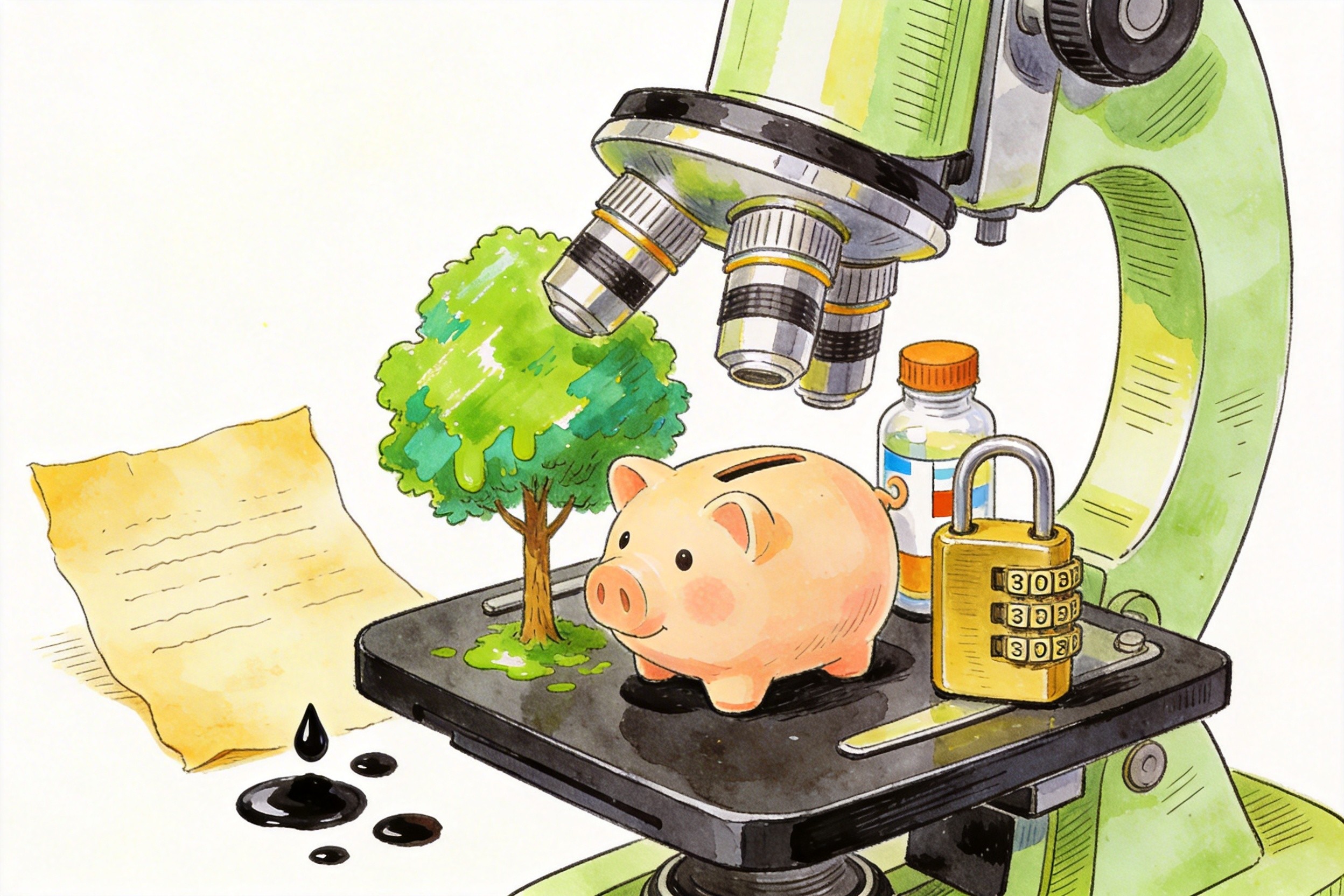 一个巨大的显微镜下，放置着一只猪仔存钱罐、一棵被涂料刷绿的树木、一个药瓶和一把密码锁，旁边有几滴墨水，羊皮纸，钢笔彩色手绘的统一风格。