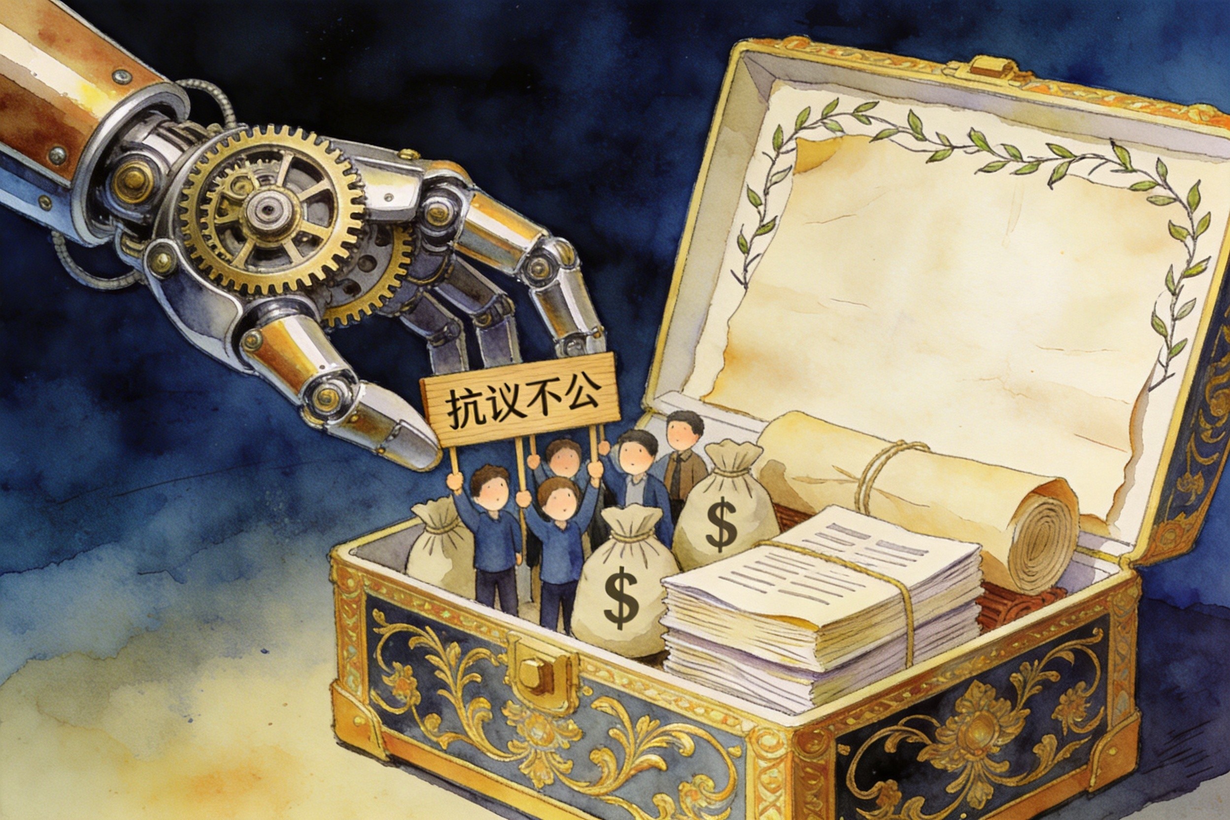 一个带有发条的机械手臂，正在将一群举着抗议木牌的小人、几袋带有美元符号的钱袋以及厚厚的证据卷宗，小心翼翼地打包进一个精美的礼盒中，羊皮纸，钢笔彩色手绘的统一风格。