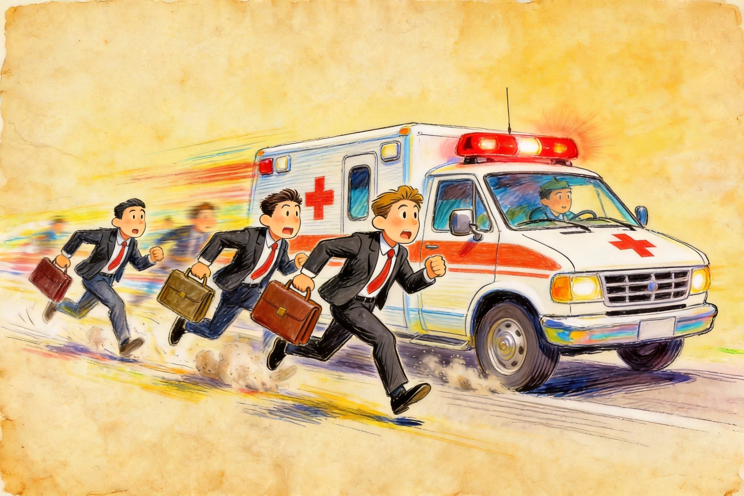 几个穿着笔挺西装、手提公文包的小人，正气喘吁吁地跟在一辆疾驰的救护车后面拼命奔跑，羊皮纸，钢笔彩色手绘的统一风格。