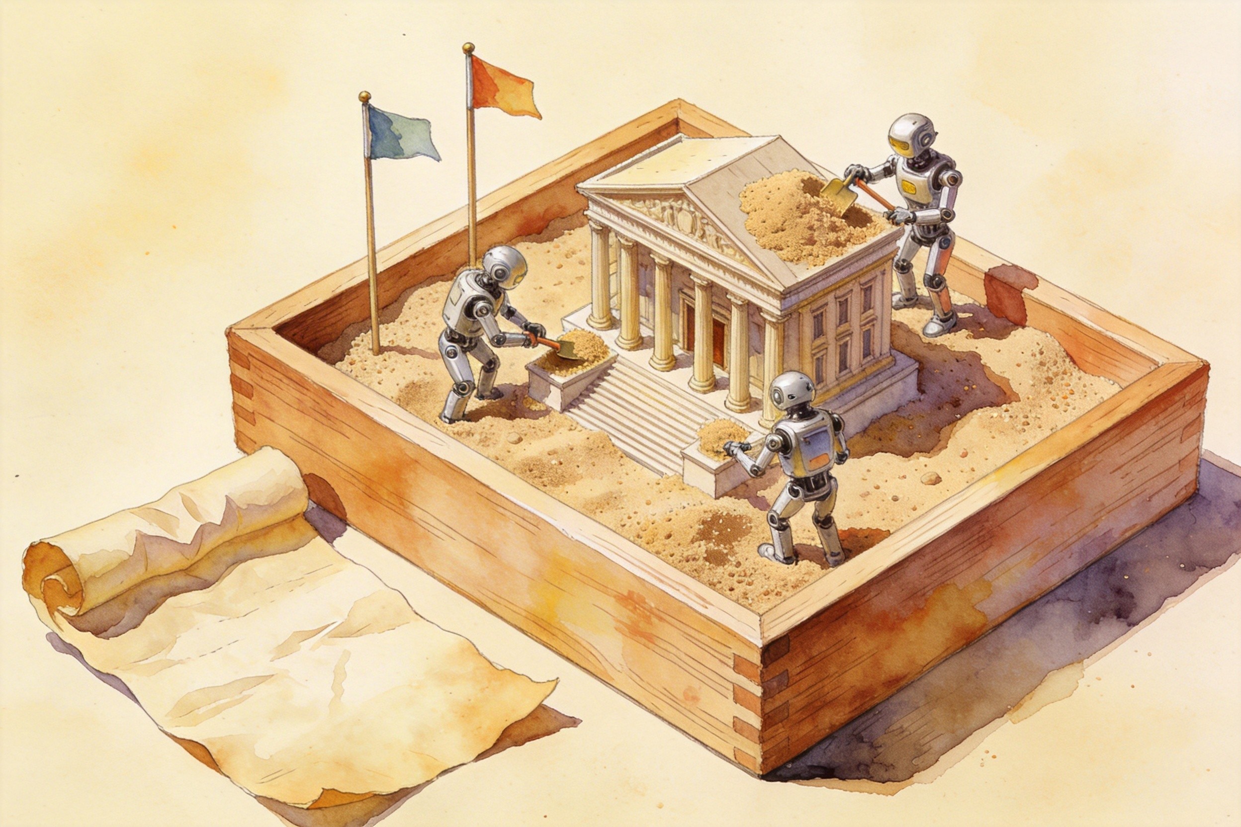 一个装满沙子的木制方形沙盒里，几个微型机器人在里面用沙子搭建出庄严的法院大楼模型，旁边插着两面小旗子，羊皮纸，钢笔彩色手绘的统一风格。