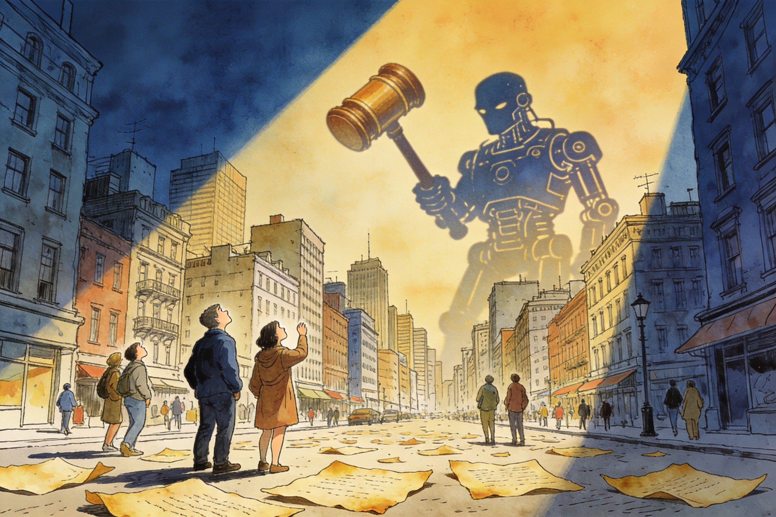 一个手持法官木槌的巨大机械人影投射在密集的城市建筑上方，城市街道上的人们正抬头仰望这个巨大的投影，羊皮纸，钢笔彩色手绘的统一风格。