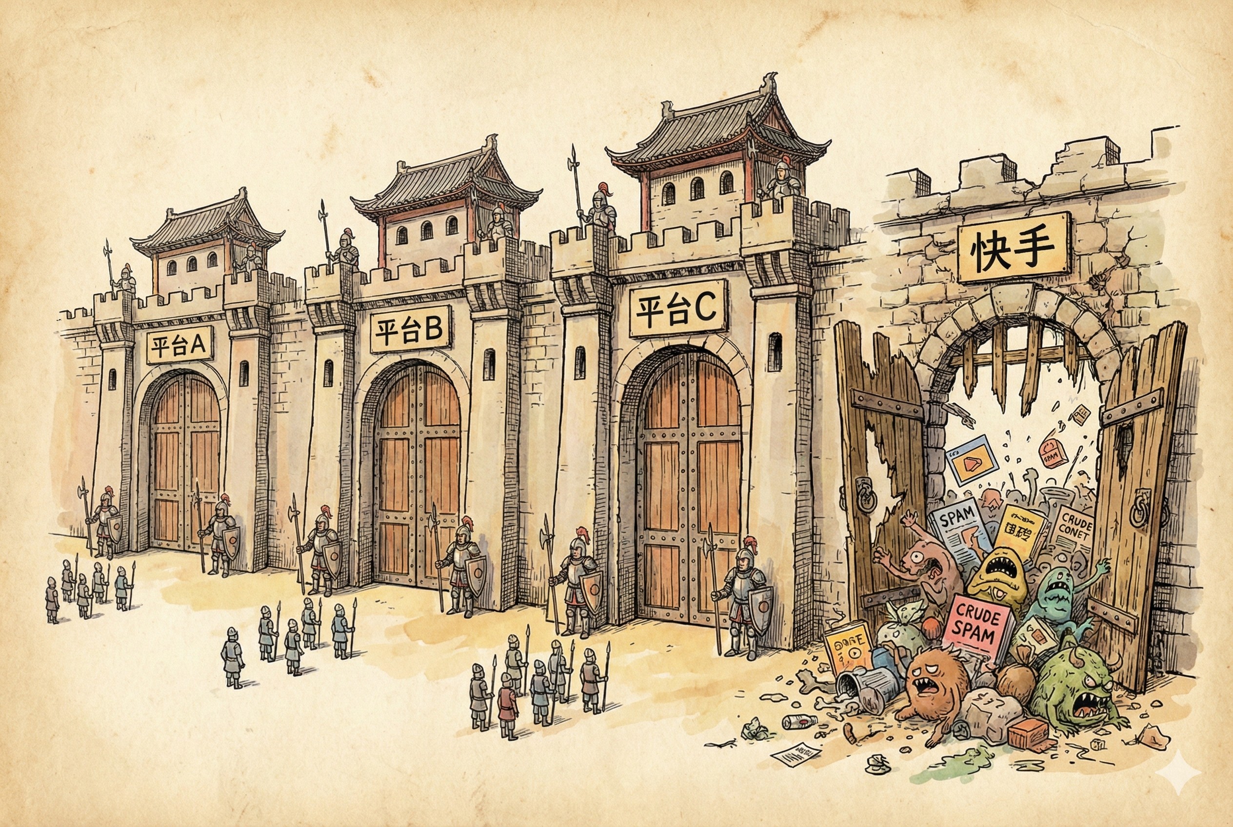 四扇大门代表不同平台，其中三扇门守卫森严，只有代表快手的那扇门破败不堪，垃圾信息和粗制滥造的内容正在如洪水般涌入，羊皮纸，钢笔彩色手绘的统一风格。