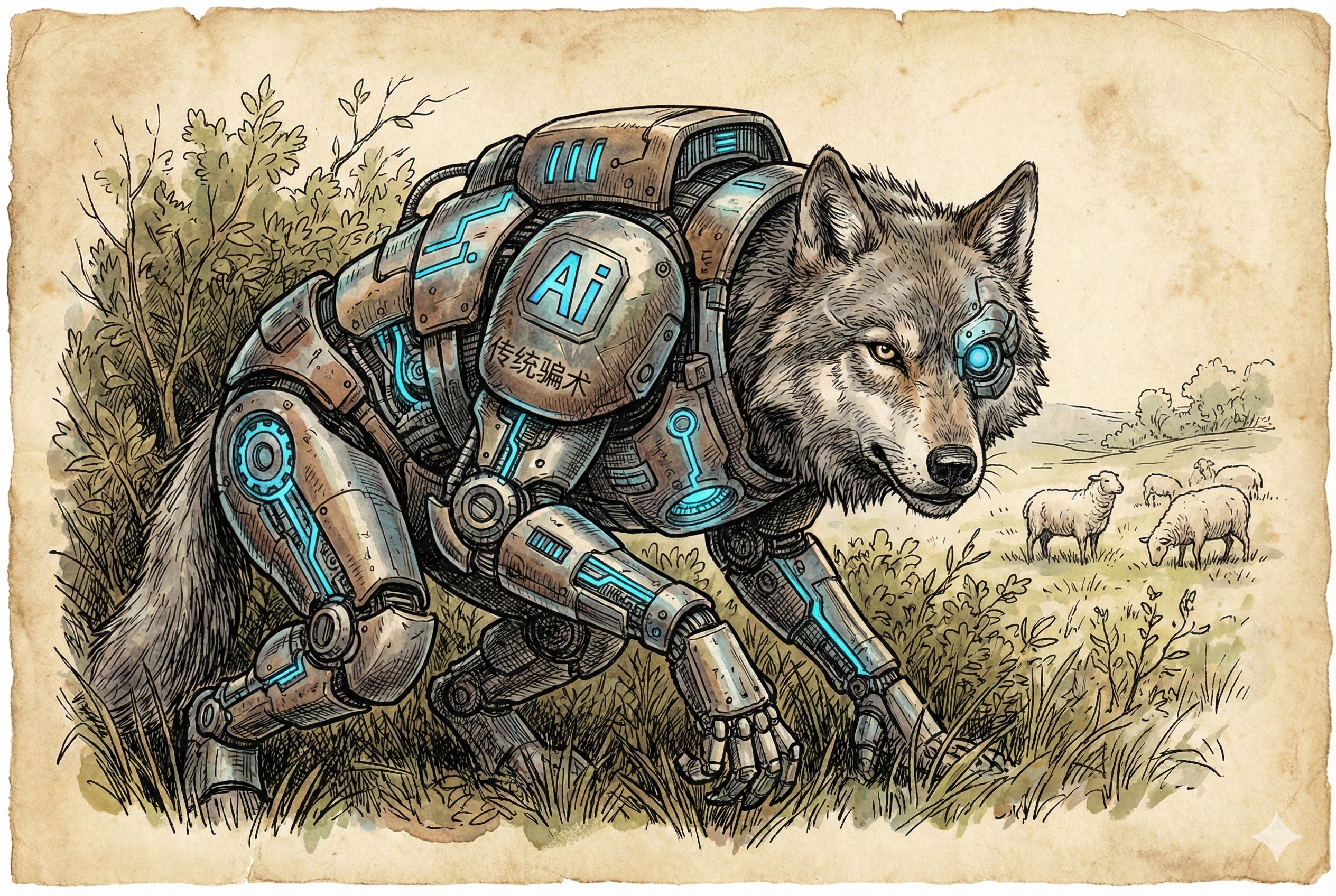 一只披着未来感机械盔甲的苍老恶狼，躲在草丛中窥视猎物，寓意传统骗术披上AI外衣，羊皮纸，钢笔彩色手绘的统一风格。
