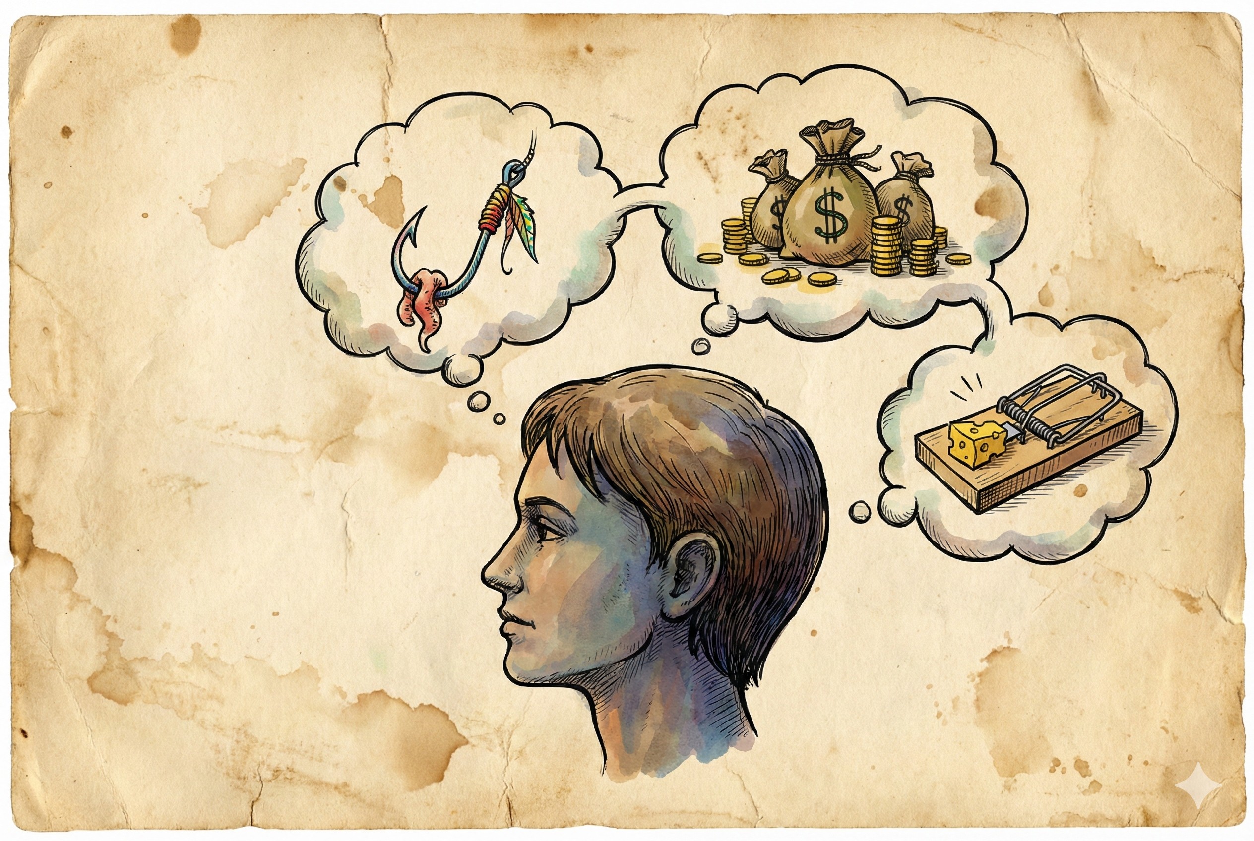 一个人的侧脸剪影，头顶冒出三个思维气泡，分别画着诱饵、金钱和捕鼠夹，象征诈骗的三个步骤，羊皮纸，钢笔彩色手绘的统一风格。