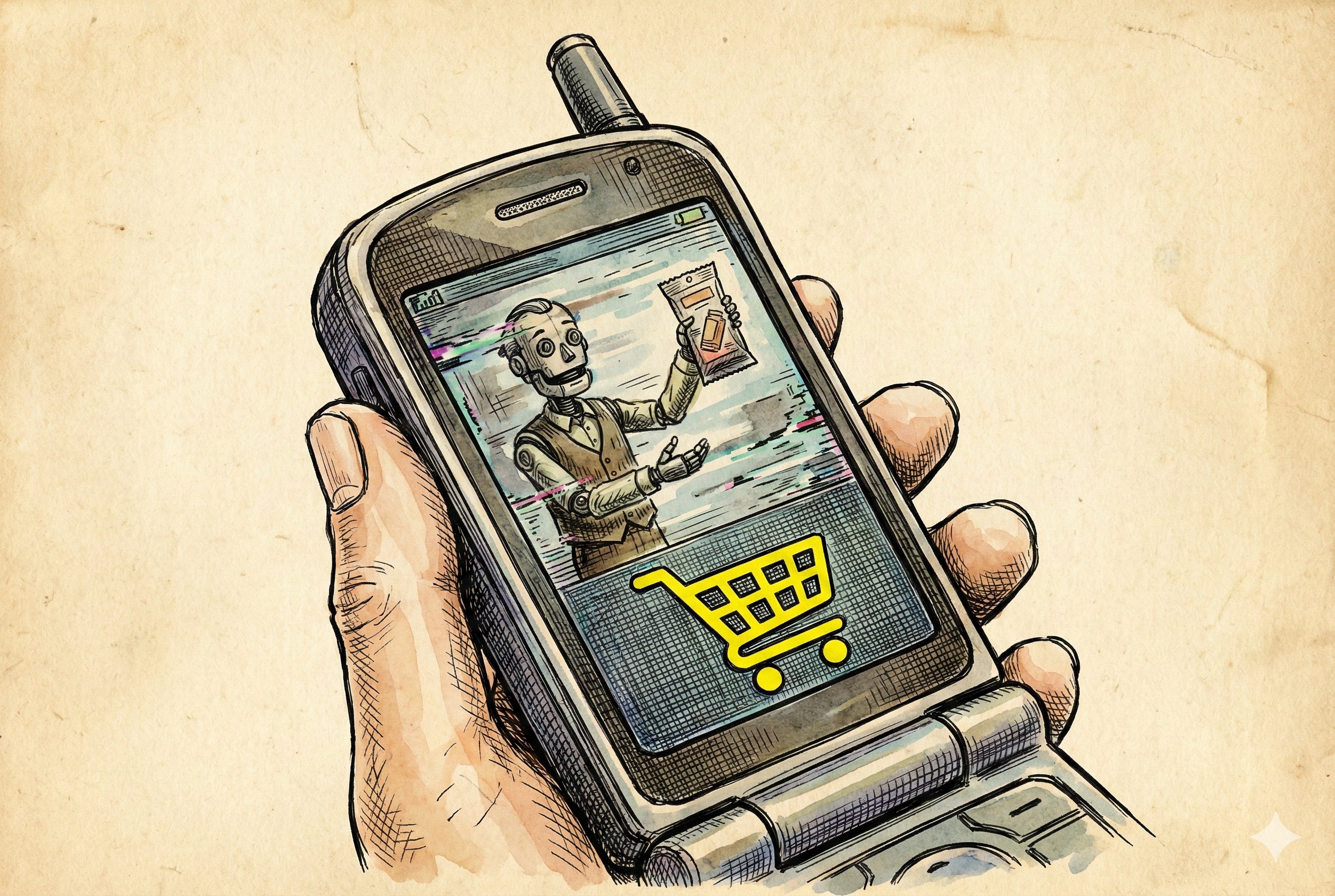 一只手握着复古风格的手机，屏幕画面扭曲模糊，一个机械人偶正拿着商品推销，右下角有一个醒目的黄色购物车图标，羊皮纸，钢笔彩色手绘的统一风格。