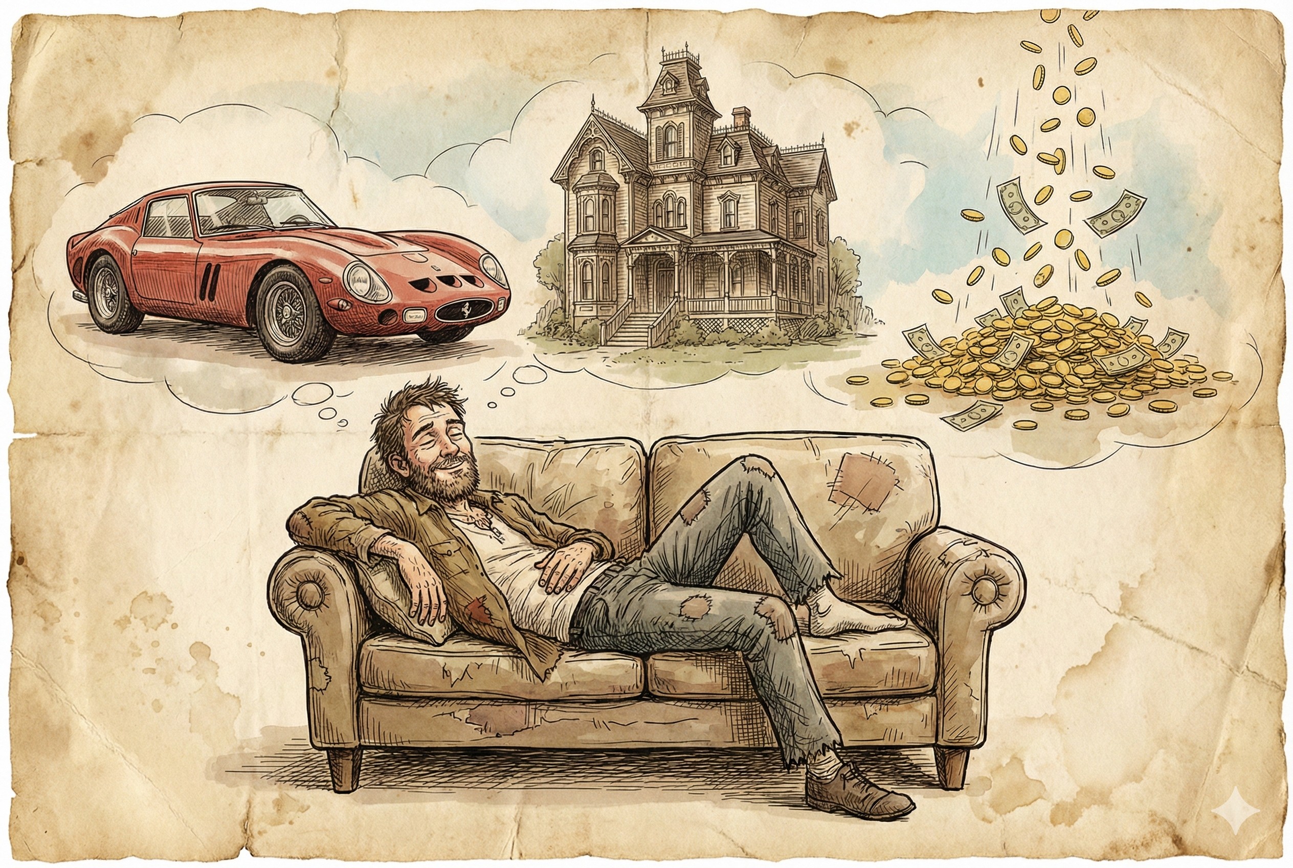 一个男子躺在沙发上做白日梦，头顶悬浮着豪车、别墅和不断从天上掉落的金币的虚幻影像，羊皮纸，钢笔彩色手绘的统一风格。