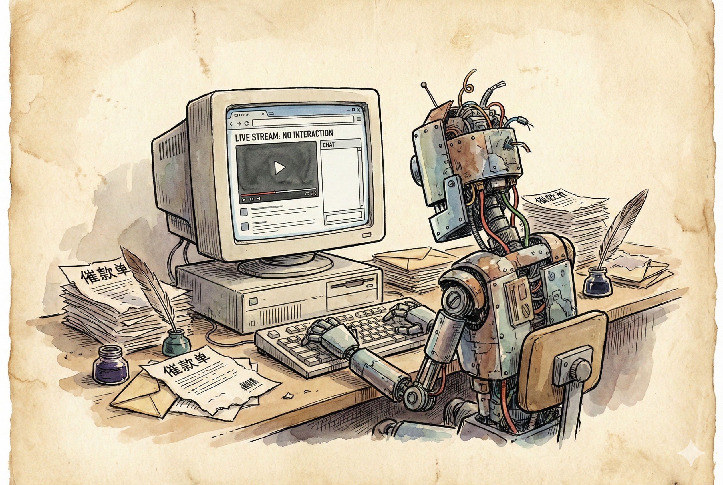 一个简陋的机器人正在操作一台旧电脑，屏幕上显示着没有任何互动的视频页面，周围散落着催款单，羊皮纸，钢笔彩色手绘的统一风格。