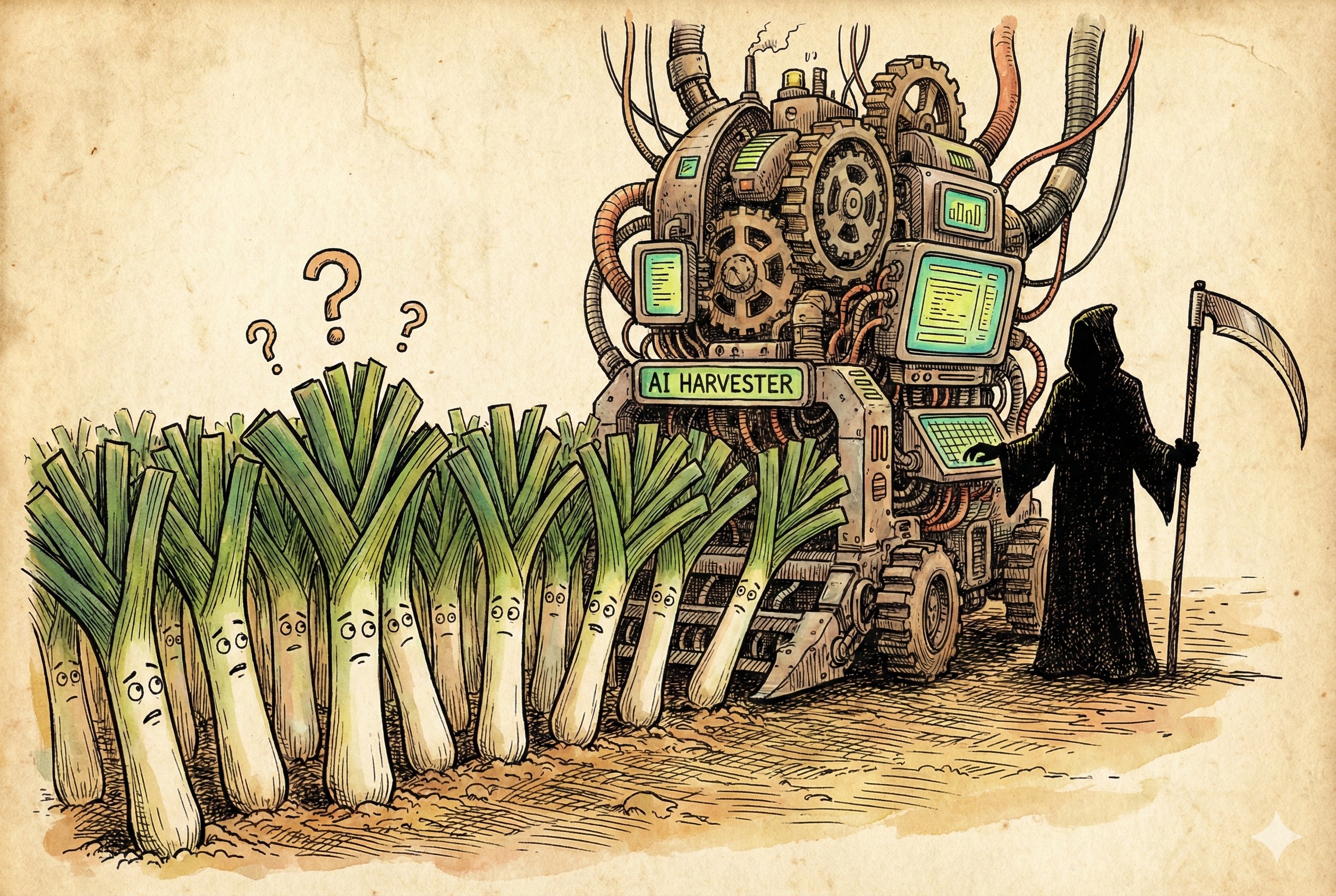 一片茂盛的韭菜地，韭菜们困惑地看着一台复杂的AI机器，一个黑影正在旁边准备收割，羊皮纸，钢笔彩色手绘的统一风格。