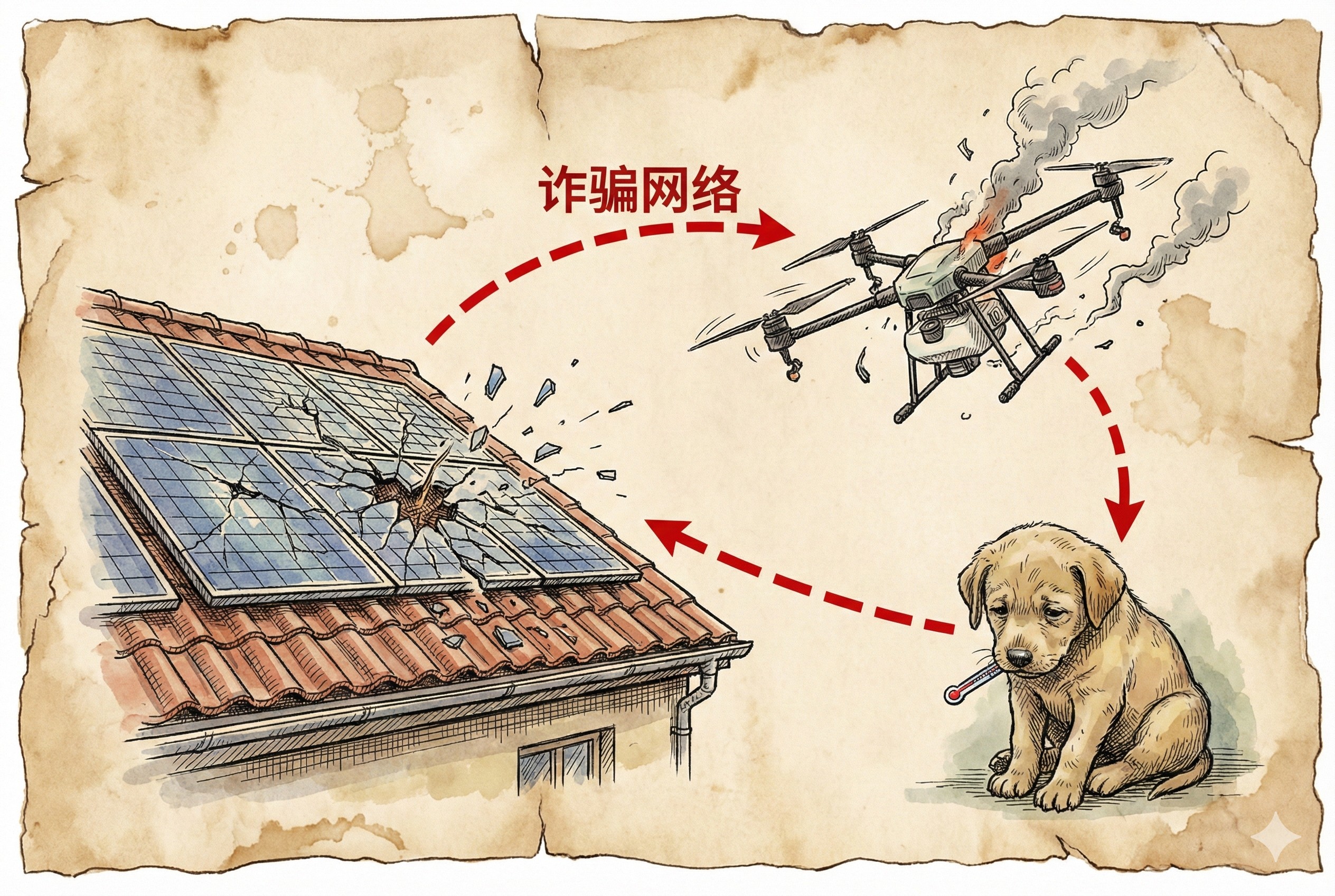 一个拼贴画面：屋顶上破碎的太阳能板、坠落的农用无人机和一只生病的小狗，被红色的诈骗线条连接在一起，羊皮纸，钢笔彩色手绘的统一风格。