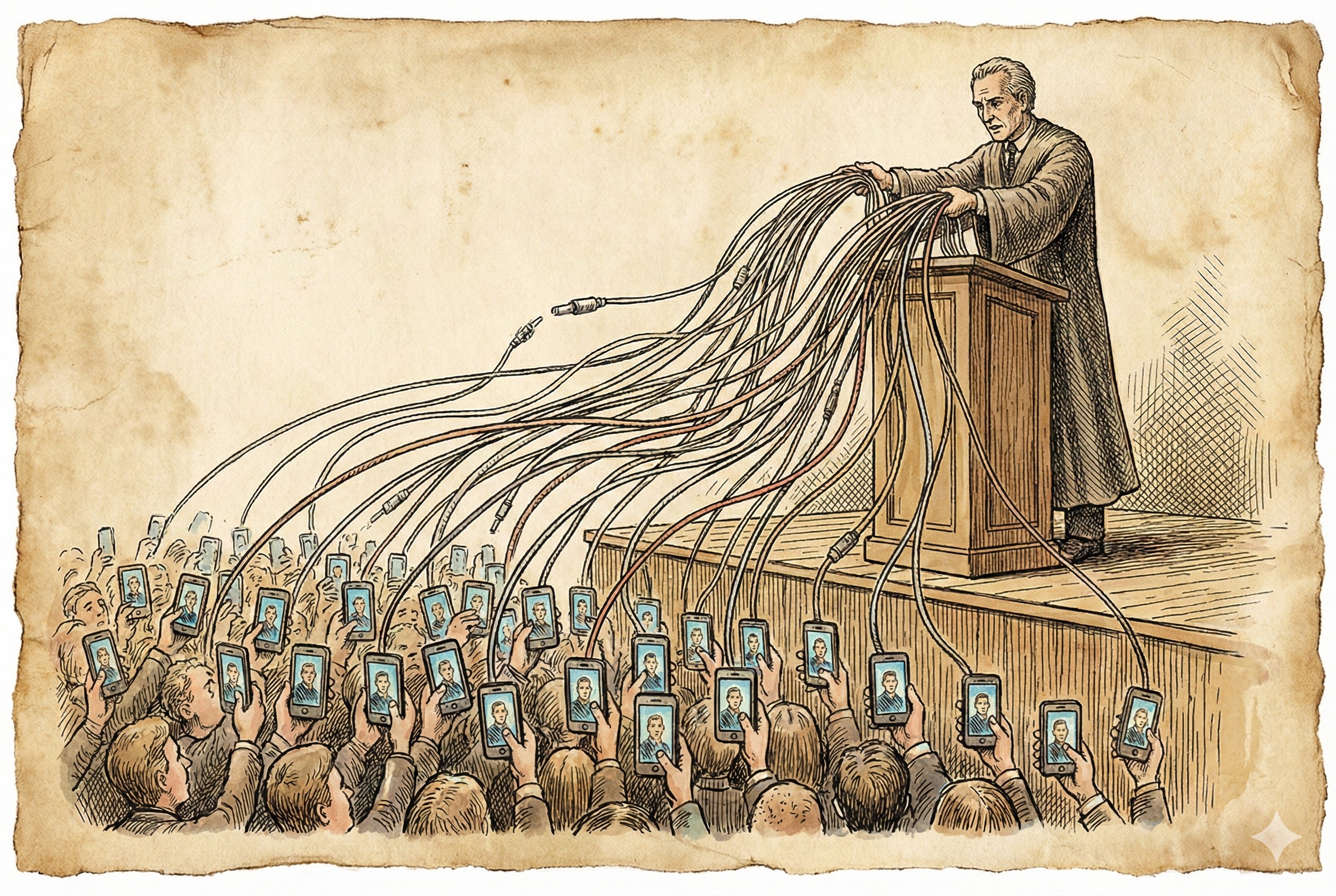 一个讲师站在高高的讲台上，手中无数根电线直接连接着下方的无数个手机屏幕，中间没有任何层级代理人，羊皮纸，钢笔彩色手绘的统一风格。