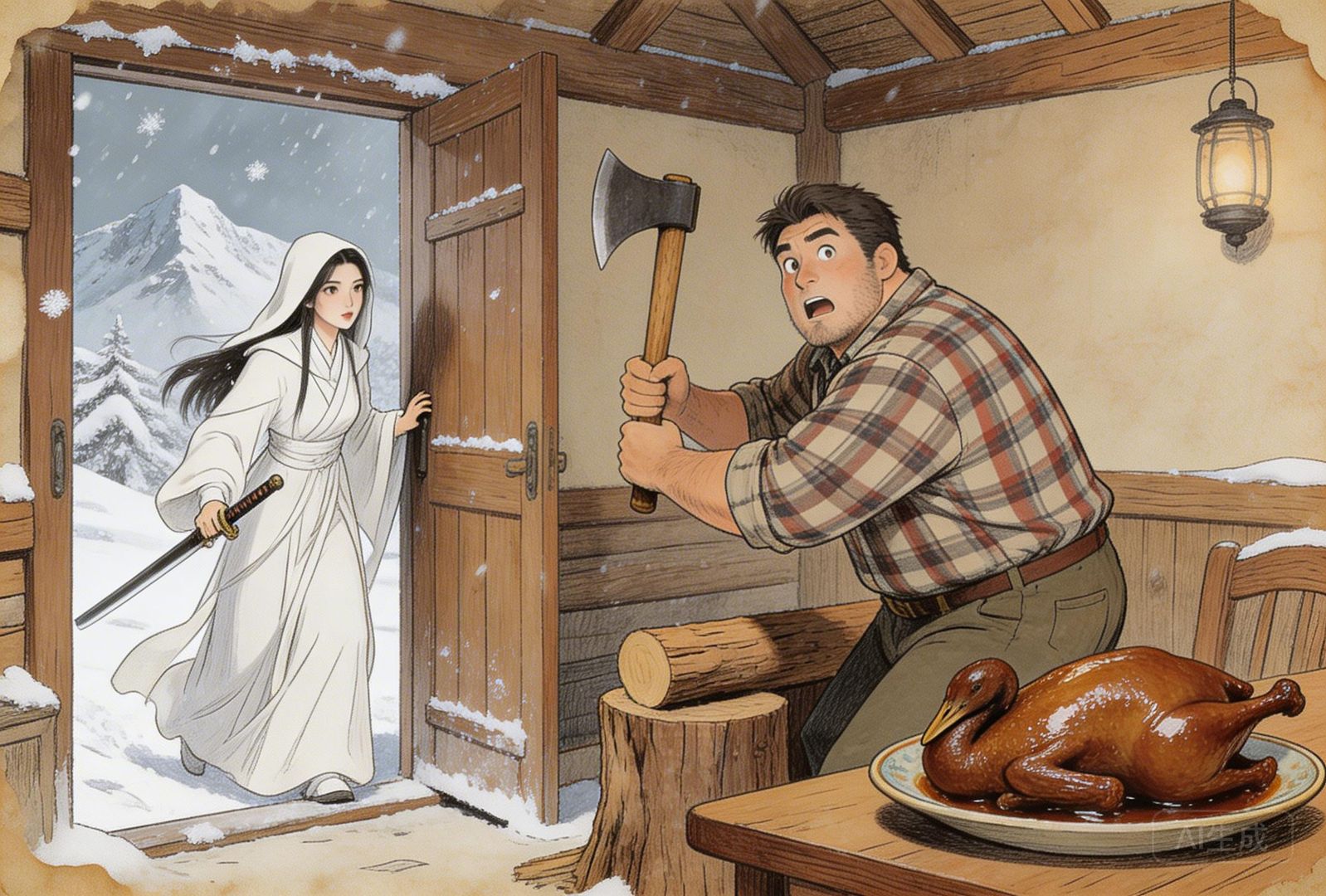 雪山木屋前风雪翻卷，一位白衣女剑客推门而入，屋内樵夫停下劈柴回头，桌上赫然放着一只油亮的酱板鸭，荒诞武侠与短视频爆梗感并置，羊皮纸，钢笔彩色手绘的统一风格。