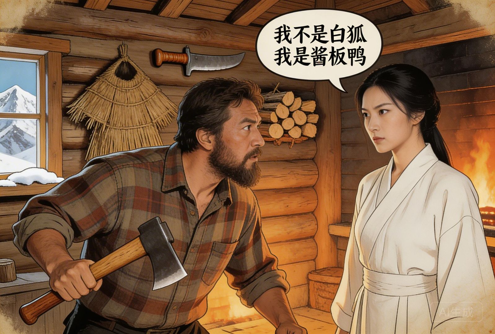 近景视角下，雪山小屋里樵夫与白衣姑娘对峙，姑娘神情认真地说“我不是白狐，我是酱板鸭”，墙上挂着柴刀与蓑衣，戏剧化反转像老派武侠海报，羊皮纸，钢笔彩色手绘的统一风格。