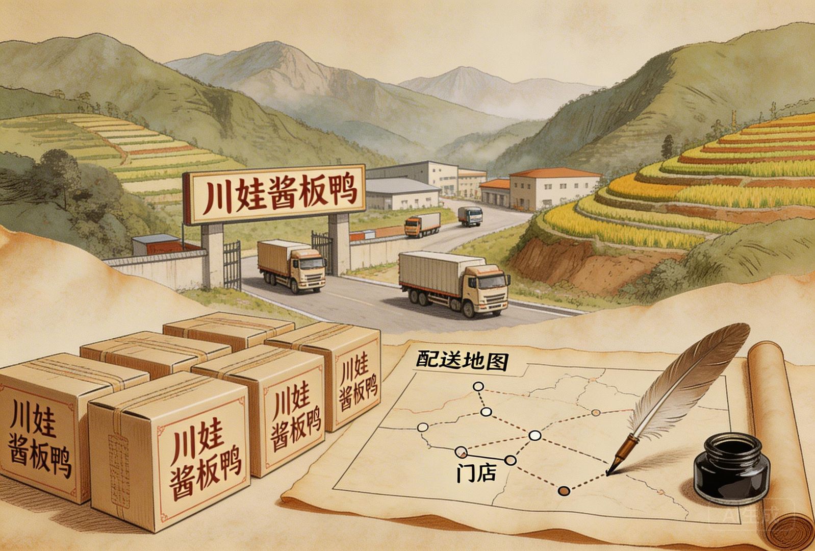 贵州山地工业园区鸟瞰，厂房门口挂着“川娃酱板鸭”招牌，运输车进出，远处梯田与群山相连，前景是成排包装好的鸭制品与门店分布地图，羊皮纸，钢笔彩色手绘的统一风格。