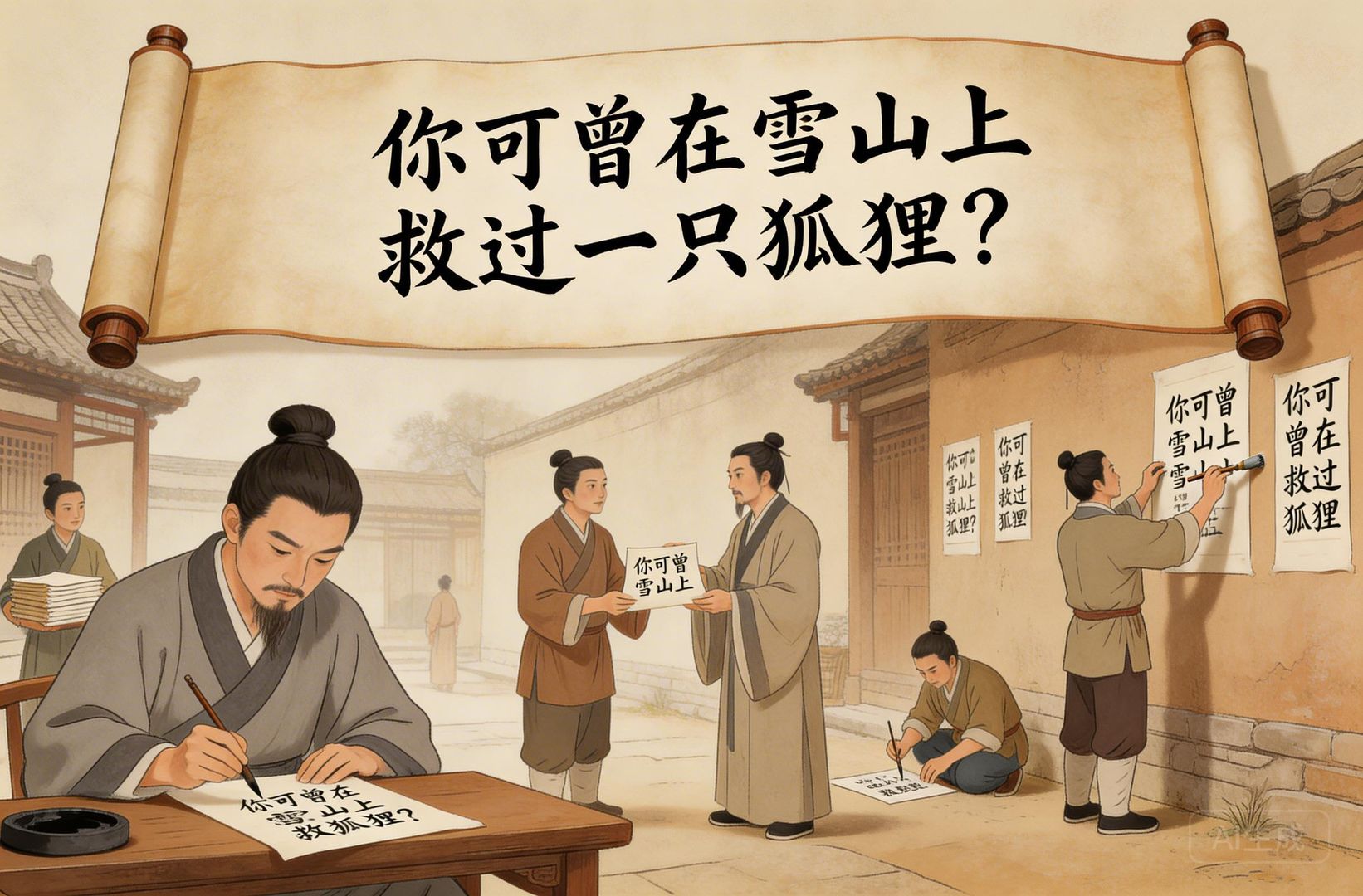 一句“你可曾在雪山上救过一只狐狸？”被写成大字卷轴悬在空中，四周不同人群抄写、传递、贴在墙上，像古今传播链条汇成同一句台词，羊皮纸，钢笔彩色手绘的统一风格。