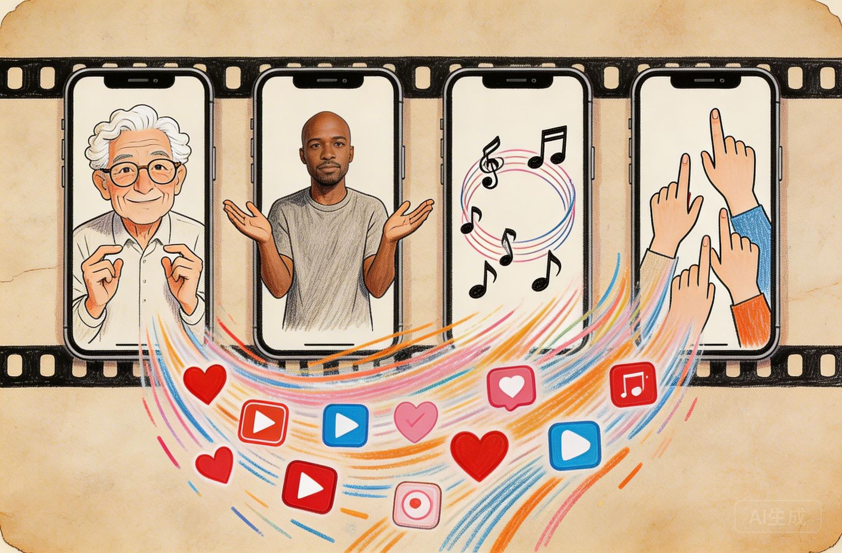 一排手机屏幕像电影胶片一样展开，分别出现“nice 爷爷”响指、Khaby Lame 摊手、循环播放的口水歌音符，观众手指不断上滑，短视频平台的算法洪流扑面而来，羊皮纸，钢笔彩色手绘的统一风格。