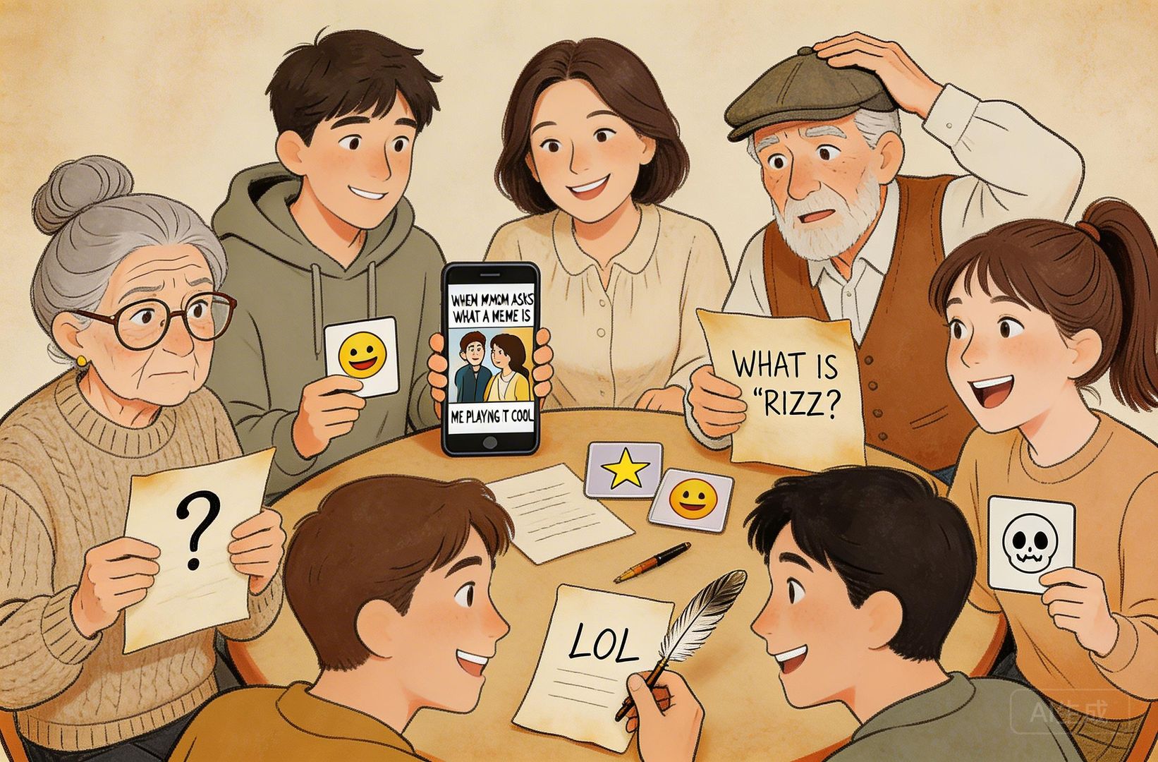  热闹的社交场景中，不同年龄的人用纸条、表情卡、手机短视频彼此交换“暗号”，有人会心一笑有人一脸茫然，梗作为社交货币的圈层感被具象化，羊皮纸，钢笔彩色手绘的统一风格。