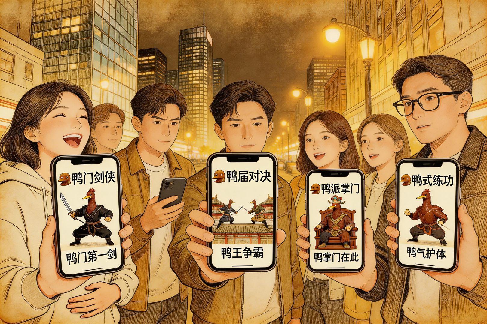 无数普通人举着手机站在城市街头、地铁和家中，屏幕里各自生成不同版本的酱板鸭梗，笑声与困惑并存，旧武侠与新AI浪潮在同一画面交汇，羊皮纸，钢笔彩色手绘的统一风格。