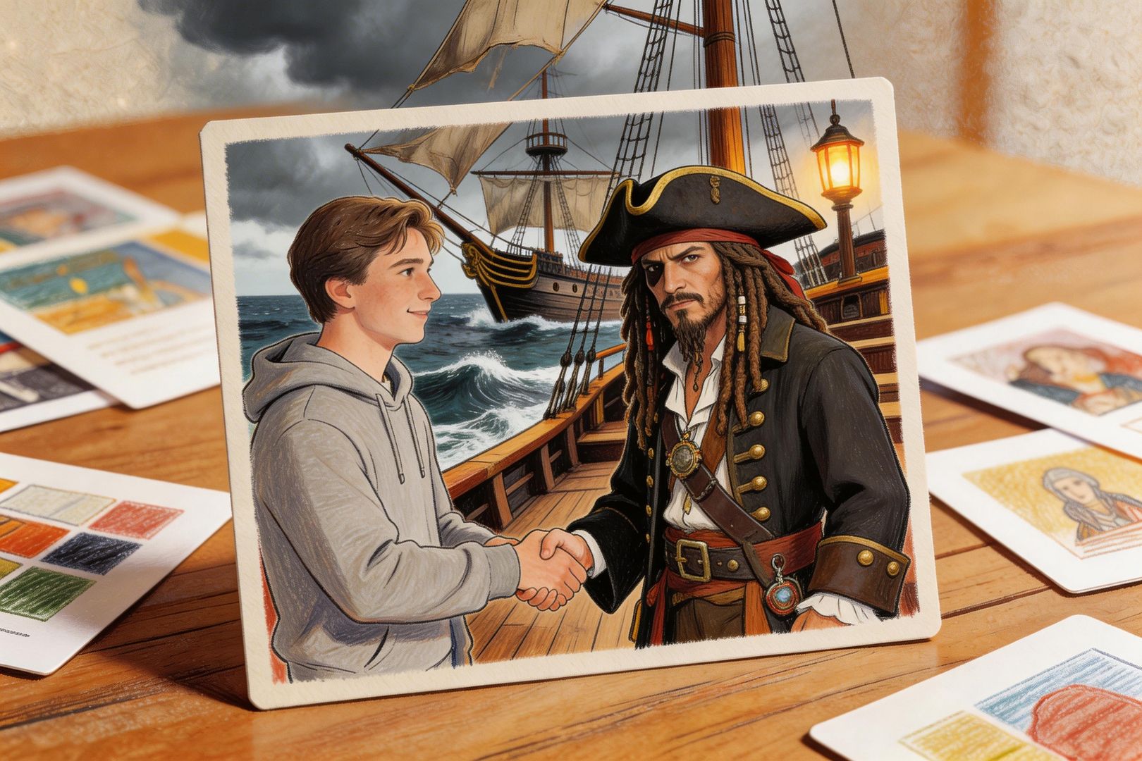 创作者把自拍照、经典电影片场、奇幻角色与自己握手同框的AI生成画面铺满桌面，多个新梗样片像卡片一样散开，显示AI把普通人送进各种流行场景，羊皮纸，钢笔彩色手绘的统一风格。