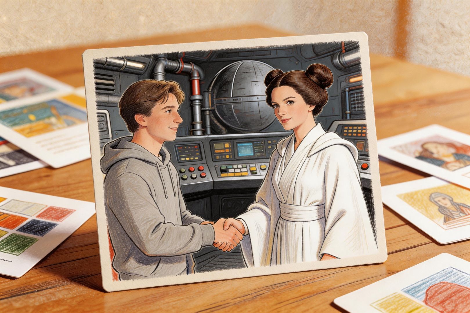 创作者把自拍照、经典电影片场、奇幻角色与自己握手同框的AI生成画面铺满桌面，多个新梗样片像卡片一样散开，显示AI把普通人送进各种流行场景，羊皮纸，钢笔彩色手绘的统一风格。