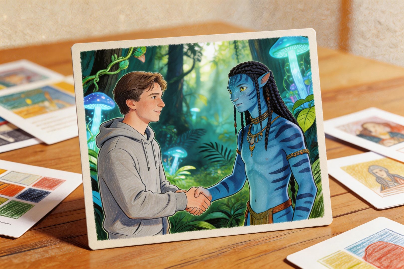 创作者把自拍照、经典电影片场、奇幻角色与自己握手同框的AI生成画面铺满桌面，多个新梗样片像卡片一样散开，显示AI把普通人送进各种流行场景，羊皮纸，钢笔彩色手绘的统一风格。