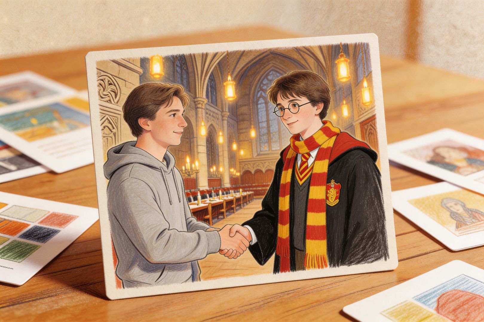 创作者把自拍照、经典电影片场、奇幻角色与自己握手同框的AI生成画面铺满桌面，多个新梗样片像卡片一样散开，显示AI把普通人送进各种流行场景，羊皮纸，钢笔彩色手绘的统一风格。