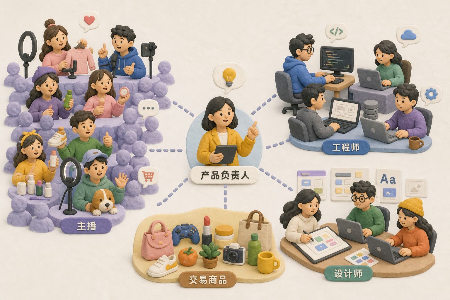 大型直播交易平台的组织协作场景，少量产品负责人连接主播、工程师、设计师与交易商品，人物分布疏密对比但不展示任何数值，浅色背景的商业评论版橡皮泥平面信息图的统一风格。