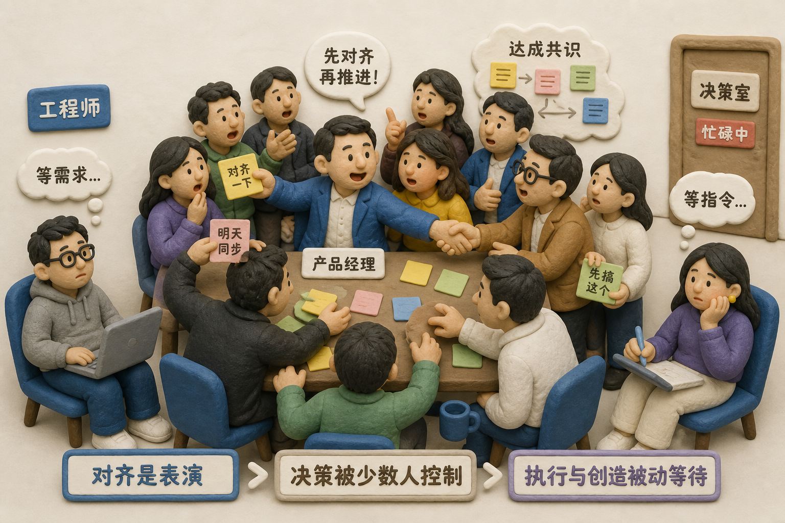 拥挤会议室里产品经理忙着传递便签和推动握手,工程师与设计师坐在外围等待指令,突出对齐表演与决策能力被压制的冲突,不展示数据,浅色背景的商业评论版橡皮泥平面信息图的统一风格。