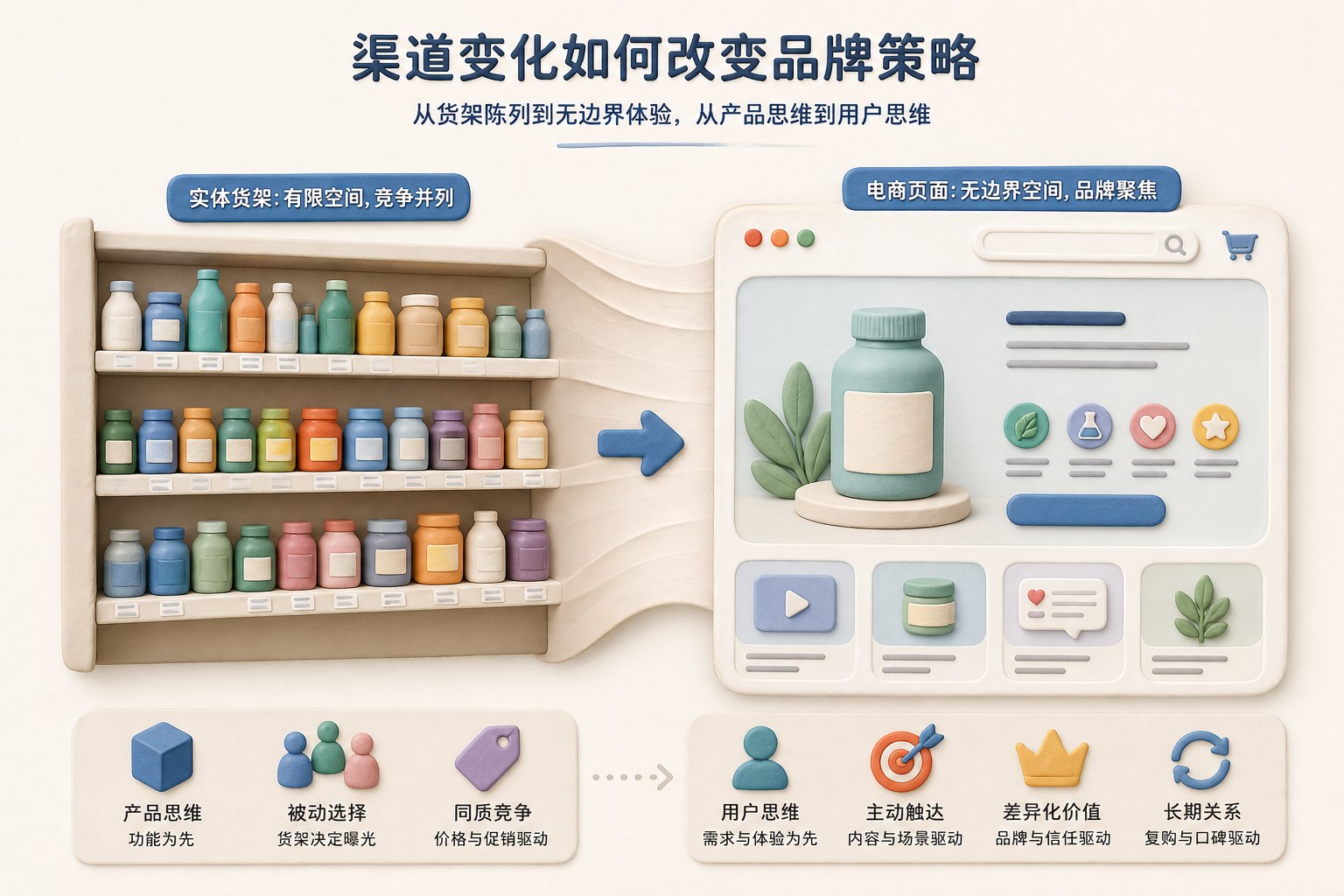 实体超市货架逐渐展开成无边界电商页面,品牌瓶罐从拥挤陈列转为聚焦展示,表现渠道变化如何改变品牌策略,不展示具体品牌数量和市场数据,浅色背景的商业评论版橡皮泥平面信息图的统一风格。