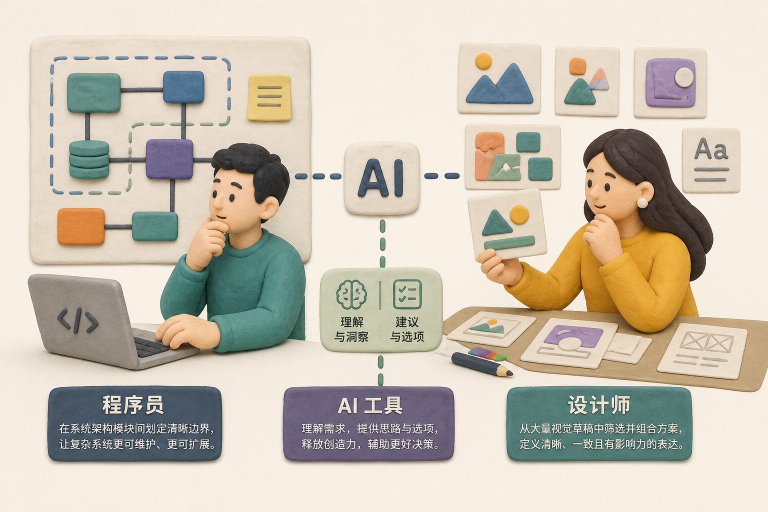 程序员在系统架构模块间划定清晰边界,设计师从大量视觉草稿中筛选并组合方案,两类职业与AI工具并肩协作,强调判断力而非手工执行,不展示数量,浅色背景的商业评论版橡皮泥平面信息图的统一风格。