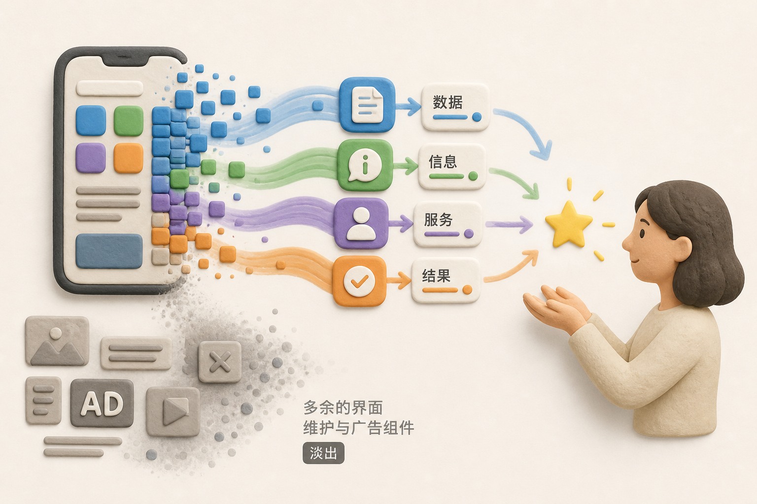 手机APP外壳逐渐化为数据、信息、服务和结果的流动模块,用户直接接收所需价值,旁边多余的界面维护与广告组件淡出,概念化构图且不展示数值,浅色背景的商业评论版橡皮泥平面信息图的统一风格。