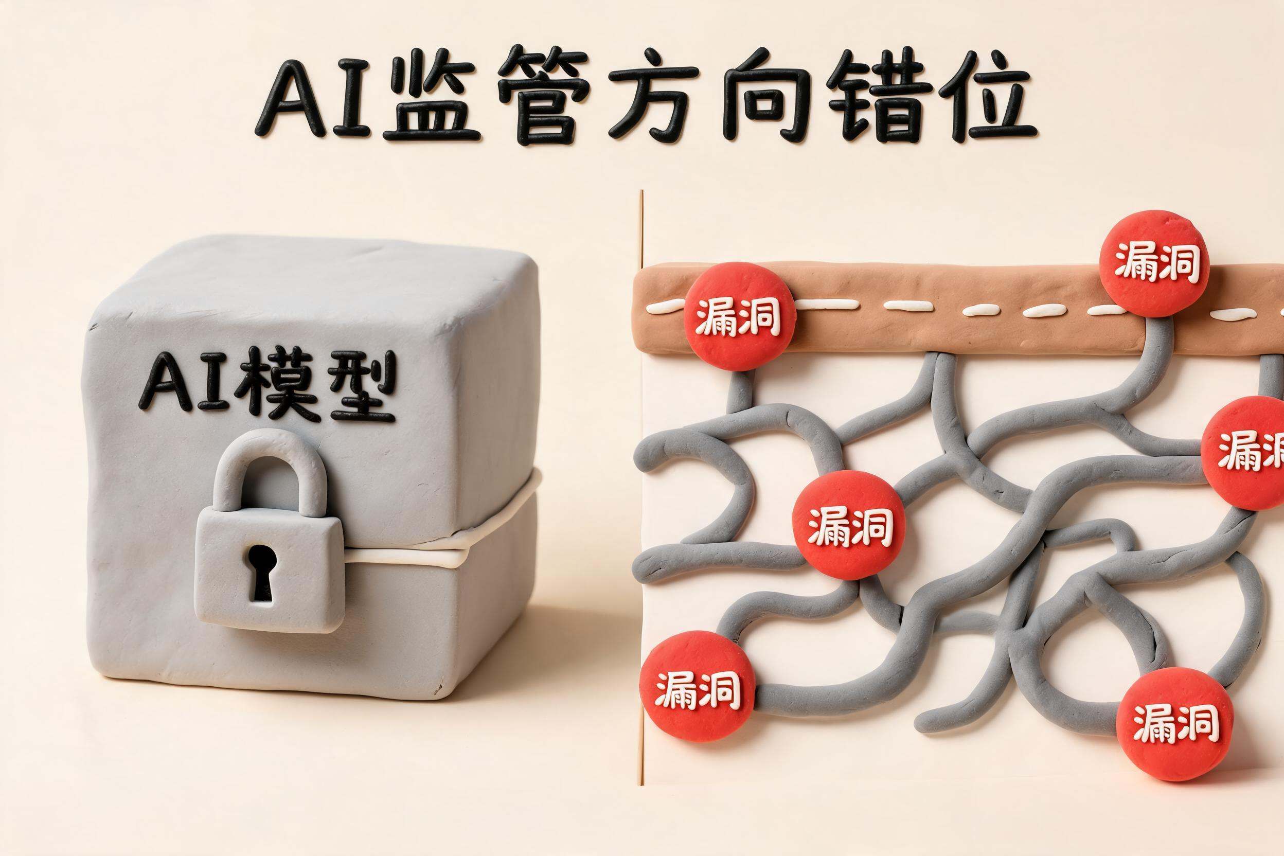 一张写着“AI监管方向错位”的大标题卡片，左侧是被锁住的模型立方体，右侧是地下蔓延的调度网络和安全漏洞节点，浅色背景的商业评论版橡皮泥平面信息图的统一风格。