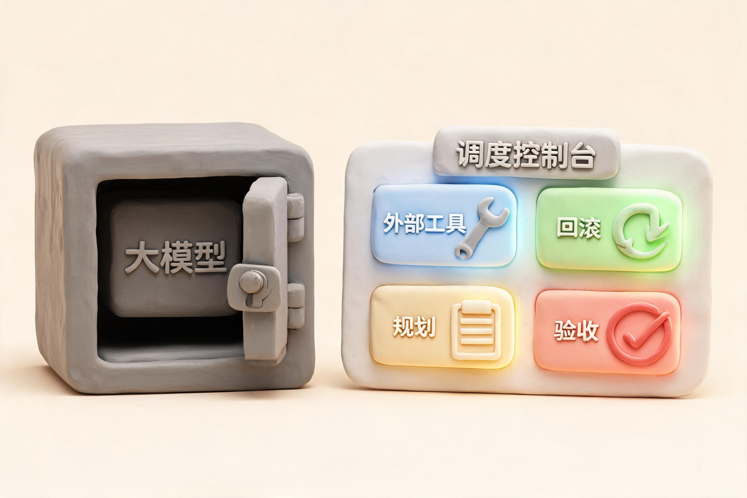 一个被锁在保险柜里的大模型方块旁边，真正发光的是外部工具、回滚、规划、验收组成的调度控制台，浅色背景的商业评论版橡皮泥平面信息图的统一风格。